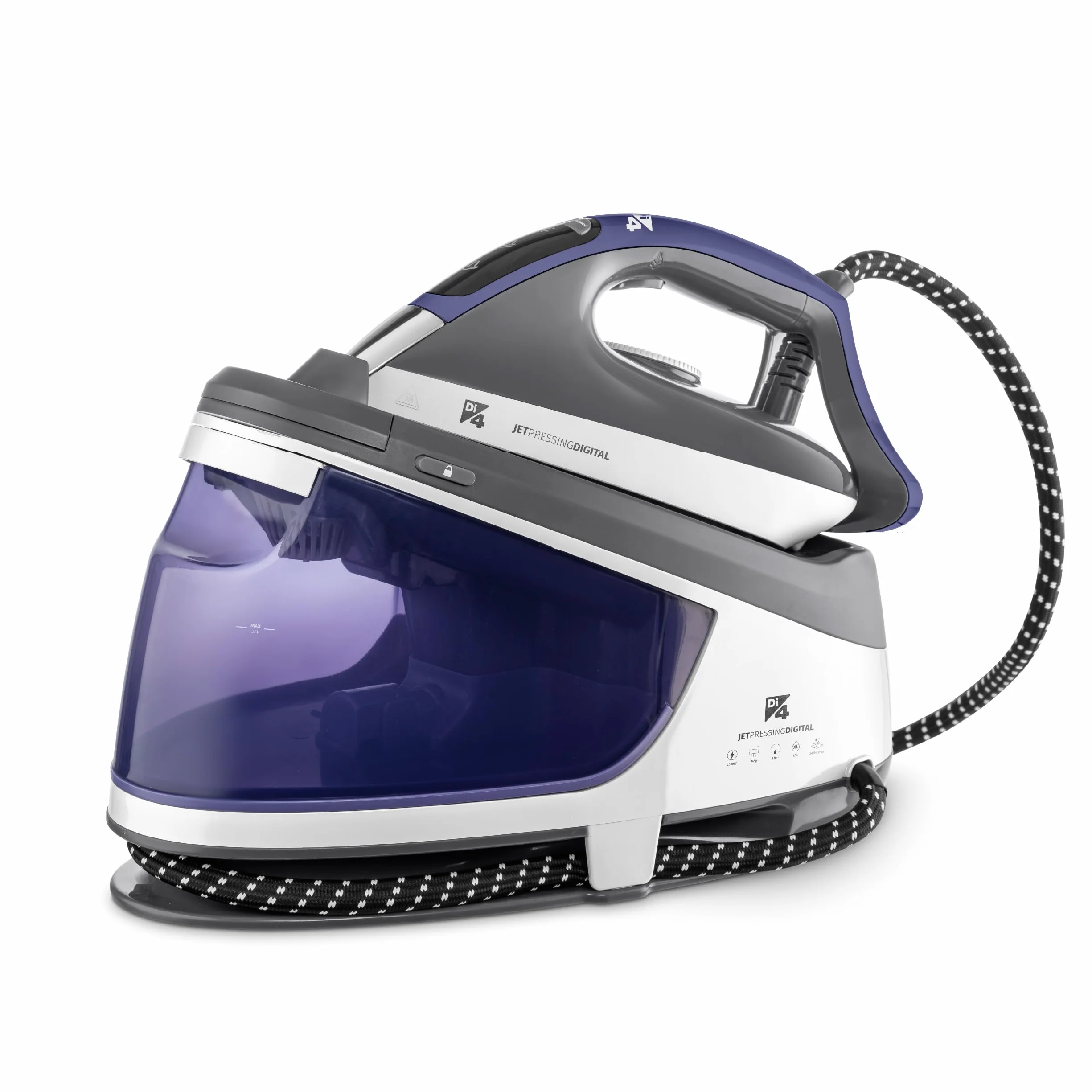 Di4 Centro de Planchado Jet Pressing Digital, Potencia 2600W, 8 Bares, Golpe Vapor 345g, Depósito Extraíble XL 1,5L, Suela Cerámica, Planchado Vertical, Listo en 1 Minuto, Pantalla LED, Autolimpieza