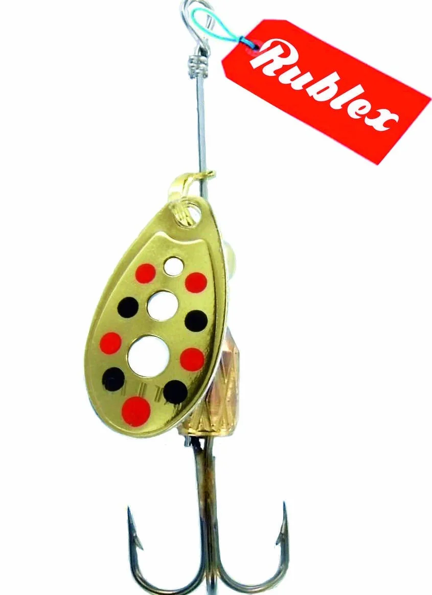 Cucharillas de Pesca C-Turbo-1 OPRN Pack 5, Cebo Artificial con Clip y Giro Mejorado, 2gr, Oro Puntos Rojos Negros