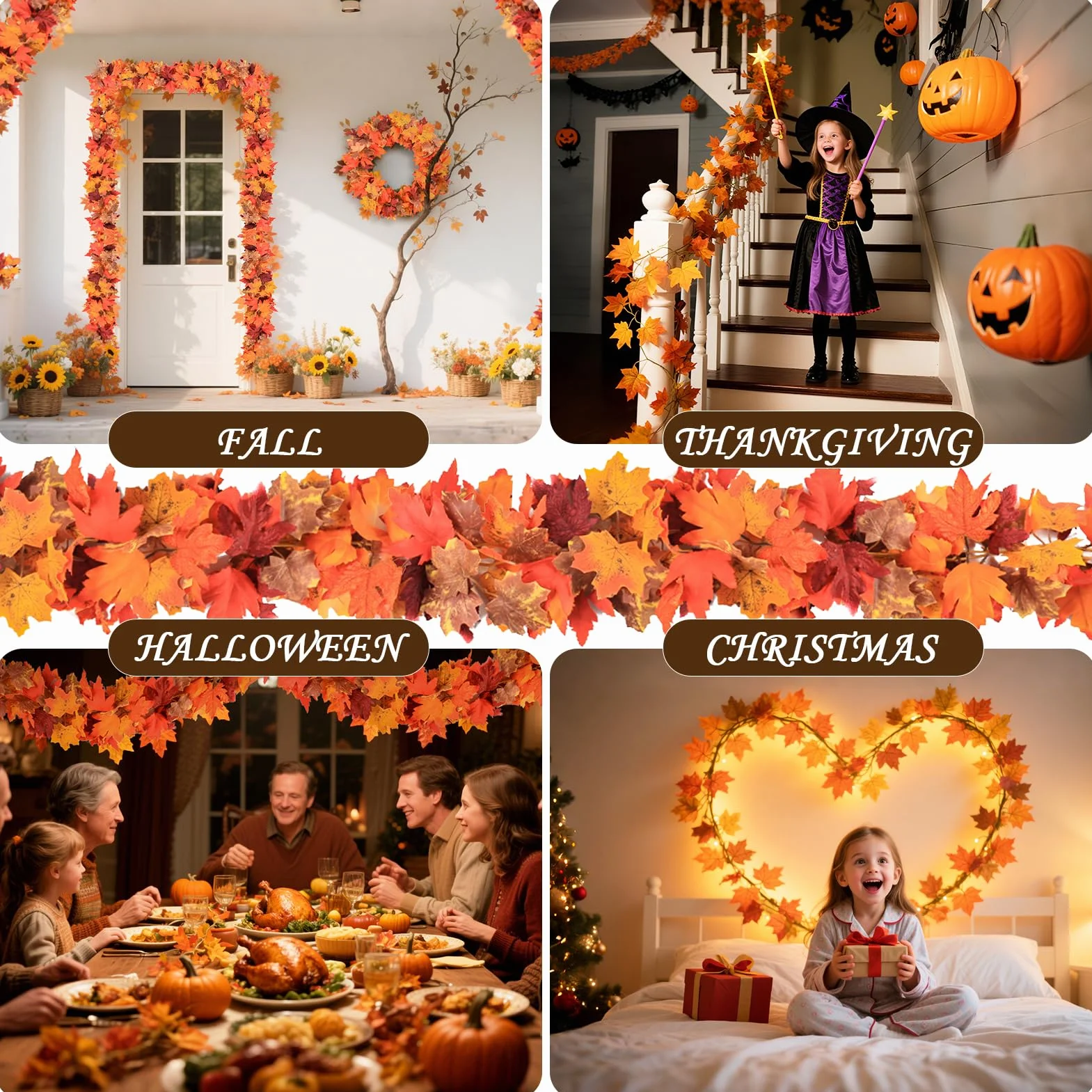 2 Pack Guirnalda de Hojas de Arce Artificial - Total 3,6 m Decoración de Otoño para Thanksgiving, Halloween, Navidad - Decoración de Chimenea, Bodas, Fiestas (Burdeos, Oro, Naranja)