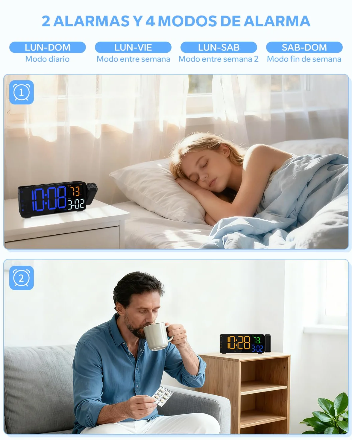 Despertador de Proyección Reloj Digital LED con Proyección para Dormitorio con Gran Pantalla Proyector 180°Cargador Puerto USB 12/24H DST Snooze Iluminación Ambiental RGB 2 Alarma Temperatura Fecha