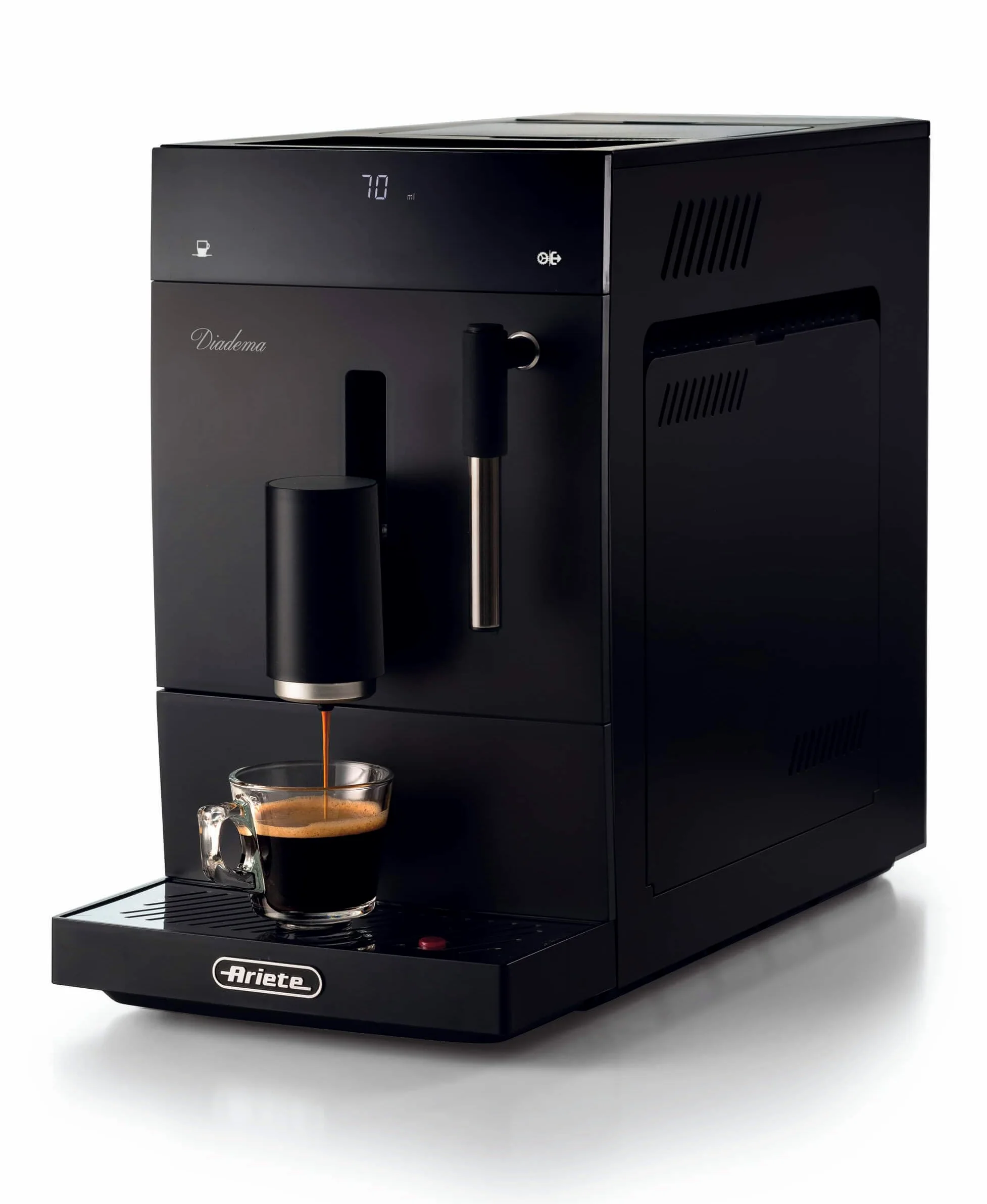 Ariete 1452 Diadema, cafetera automática, 1350W, 19 bar de presión, para café, americano y agua caliente, dispositivo capuchino, pantalla LED, dispensador ajustable, negro