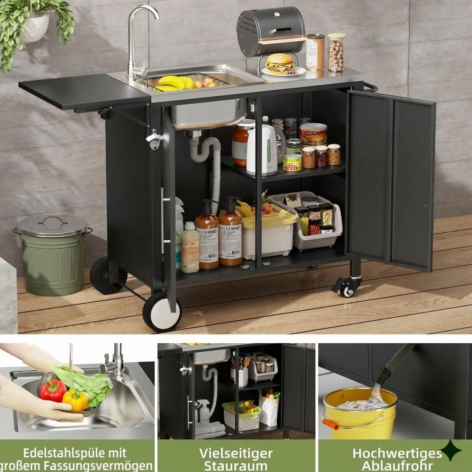 Carrito de barbacoa enrollable con fregadero y encimera plegable, isla de cocina con armario de almacenamiento de acero inoxidable 304 para jardín, terraza y césped