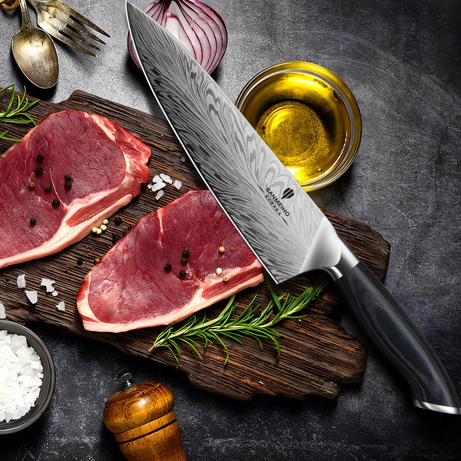 SANMEIHO Cuchillo de Chef de Acero en Polvo, 20cm de Cocina de Cocina Japonés, Cuchillo de Cocinero Profesional de Acero Duro, Cuchillo para Trinchar Ultra Afilado, Mango Ergonómico de Madera de Pakka