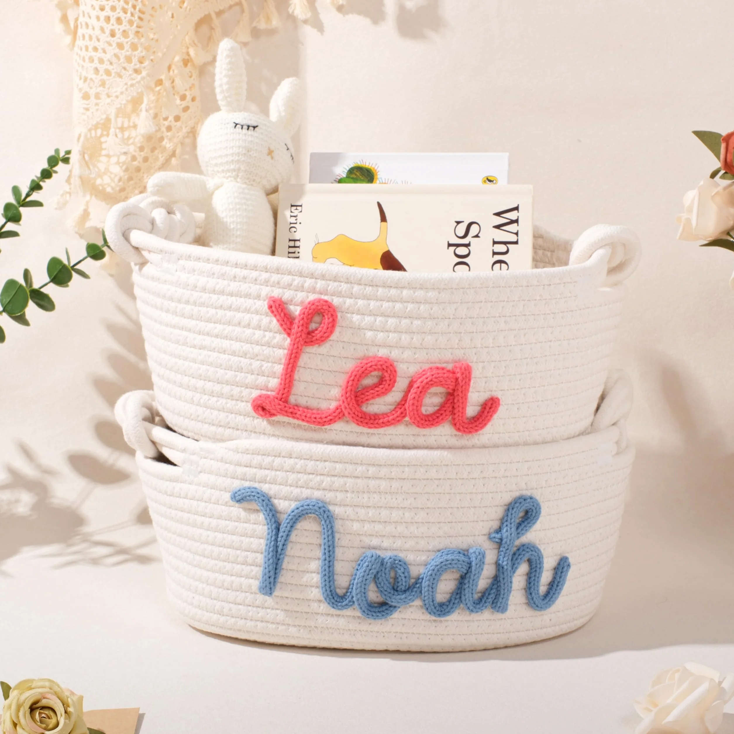 Personalizada Canasta de Bebé Hecha a Mano con Nombre Bordado, Cesta de Ratán Natural para Recién Nacido, Regalo de Baby Shower