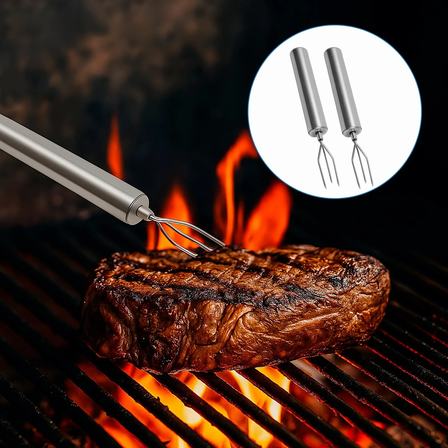 Juego de 4 Tenedores para Papas Asadas de Acero Inoxidable 430 - Pinchos para Maíz Reutilizables, Tenedores para Carne (14.5 cm) - Para Pelar, Parrilla y Camping - Ecológicos y Aptos para Lavavajillas