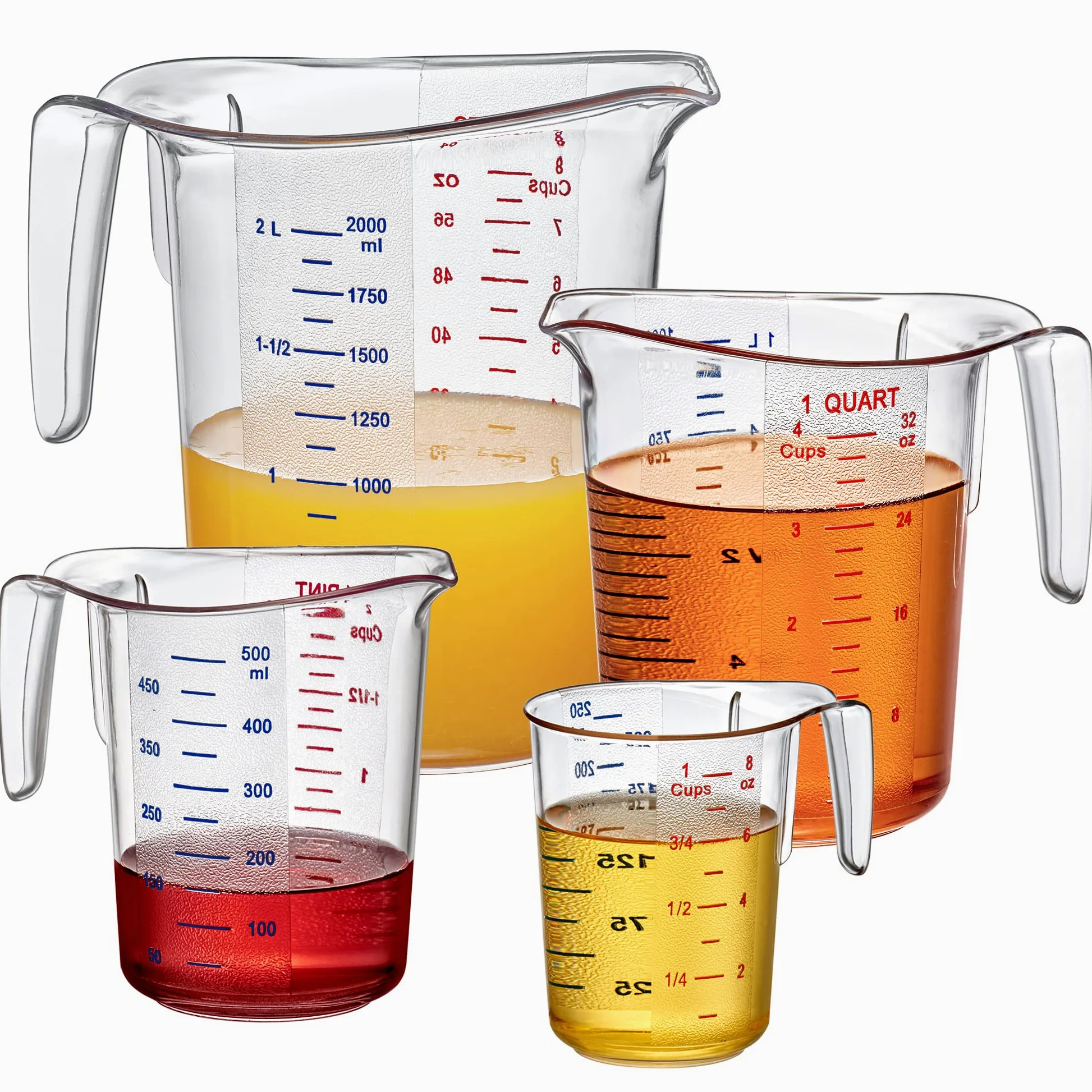 Amazing Abby - Melissa - Vasos medidores de plástico irrompibles (juego de 4 piezas), jarras medidoras de grado alimenticio, capacidad de 1/2/4/8 tazas, apilables y aptas para lavavajillas, ideal para