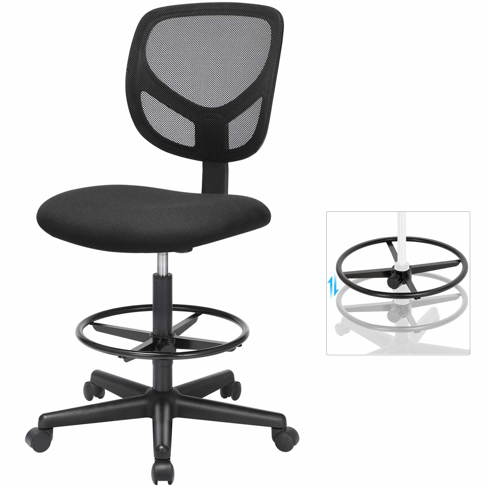 SONGMICS Silla de Malla Giratoria, Altura y Reposapiés Regulables, Silla de Dibujo Ergonómica, Silla de Oficina sin Reposabrazos, Asiento de Tela, Carga máxima de 120 kg, Negro OBN15BK