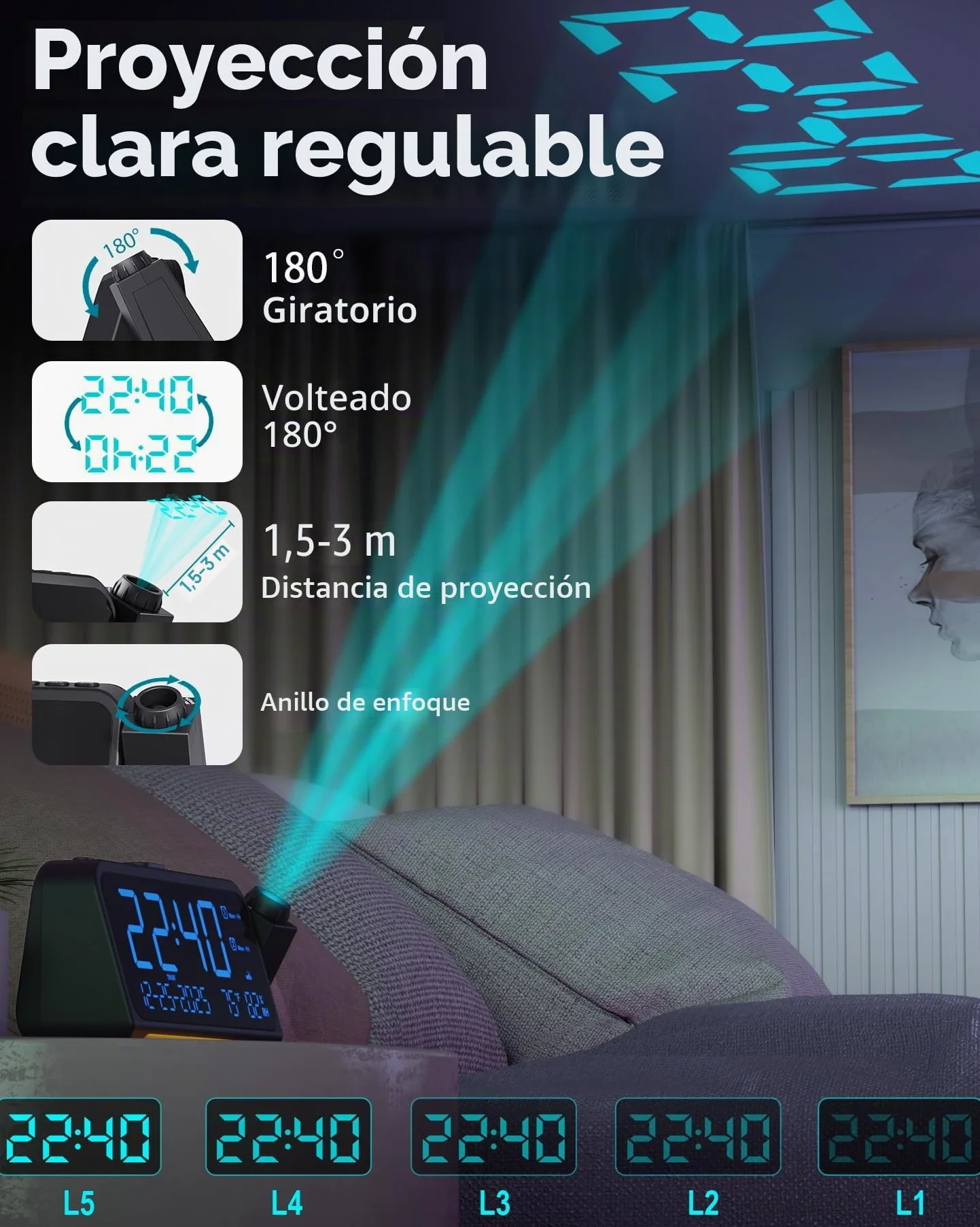 Roxicosly Reloj despertador de proyección para techo de dormitorio, 118 dB súper fuerte para personas que duermen mucho, pantalla digital regulable grande de 6.7 pulgadas con fecha de día, humedad de