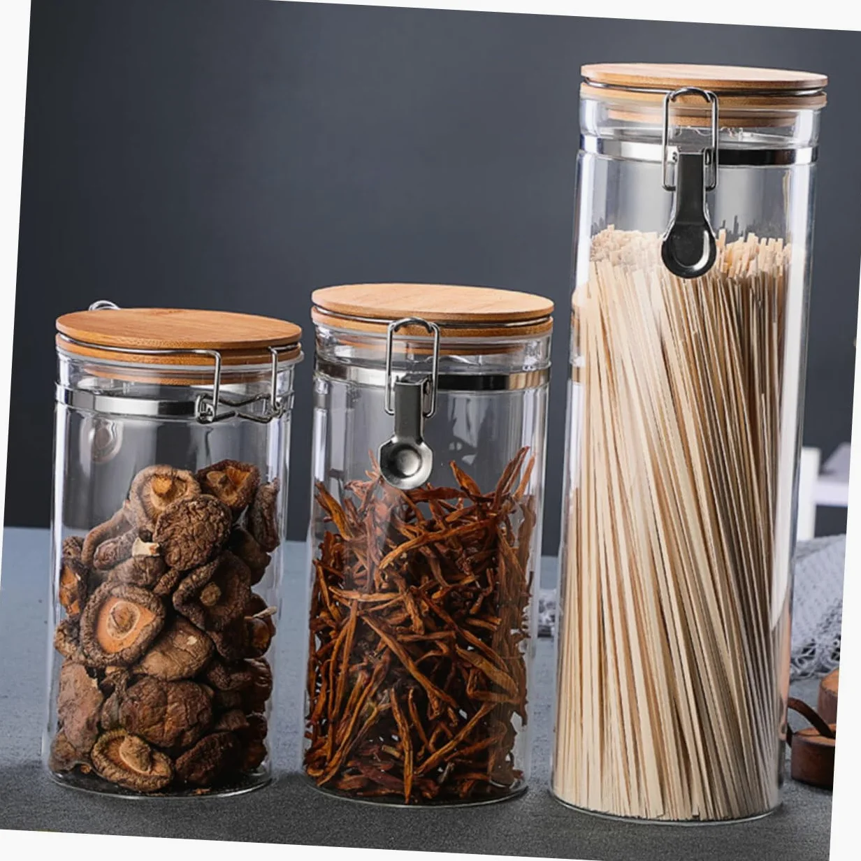 TOYANDONA Tarros Herméticos Protección contra Humedad Tapa de Acero Inoxidable y Madera de Vidrio Juego de 2 Capacidad 1140ml y 1280ml para Almacenar Alimentos en Cocina