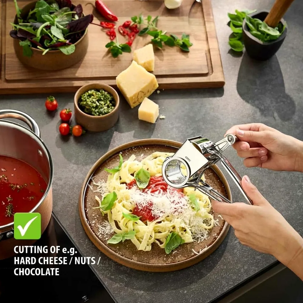 GEFU Queso - Rallador de queso con tambor de corte láser | Rallador universal para queso duro, chocolate y frutos secos, apto para lavavajillas, manivela para diestros y zurdos