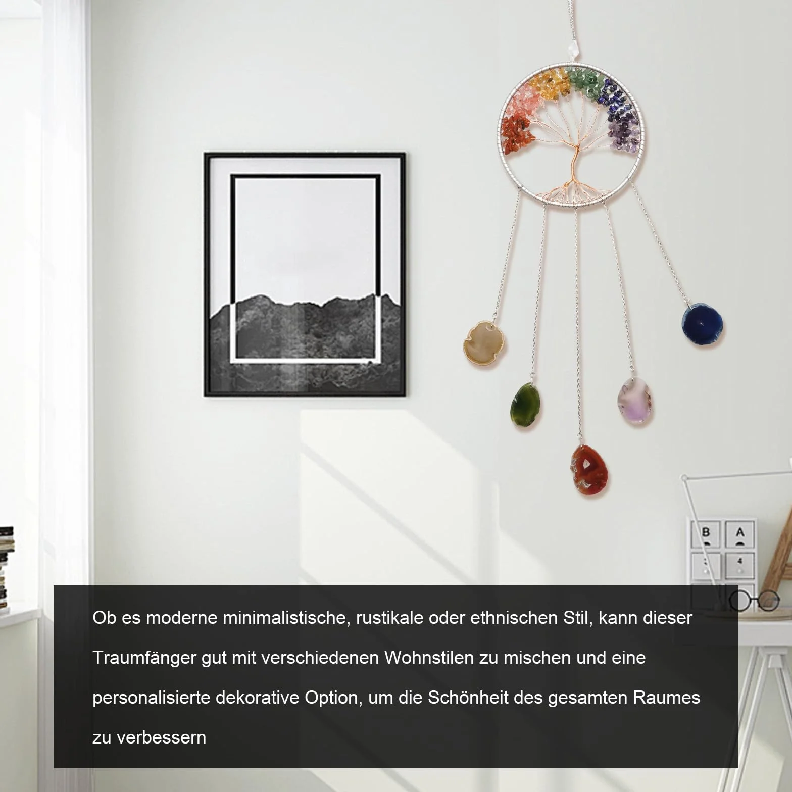 Hoypeyfiy Cristales árbol de la vida atrapasueños, piedra preciosa natural ágata chakra escudo colgante de pared decoración del hogar para meditación yoga arte de pared