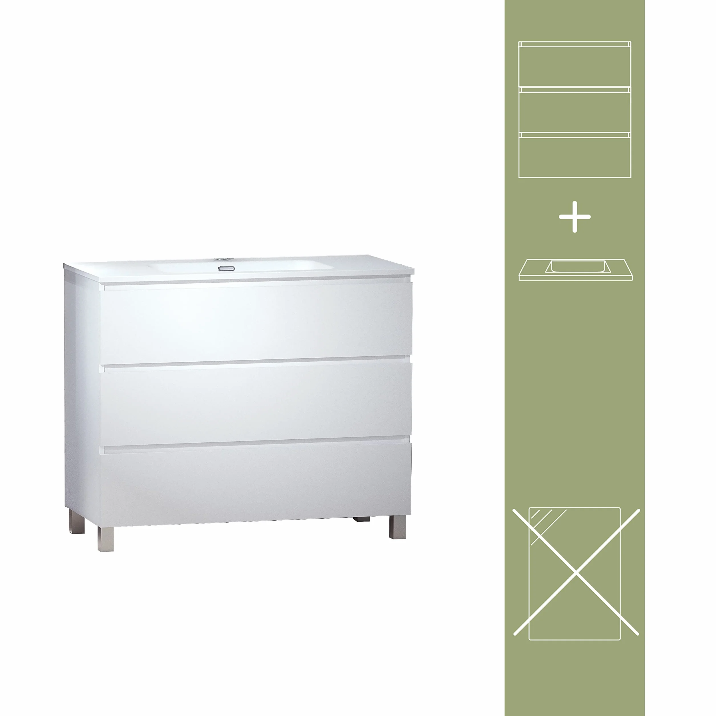 BAIKAL Conjunto de Mueble de Baño LESI. Compuesto por Mueble con Patas y Lavabo Cerámico. Tres Cajones. Melamina 16mm. Mueble MONTADO. Fondo 46cm 100 cm Blanco Mate
