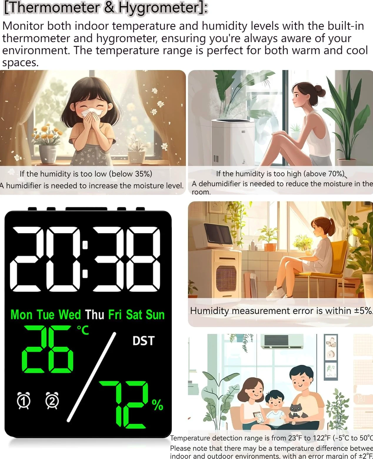 Reloj despertador digital LED con termohigrómetro, alarmas duales, repetición, visualización de fecha y año, interruptor de 12/24 horas, días de semana, DST, regulable automáticamente con 3 niveles de