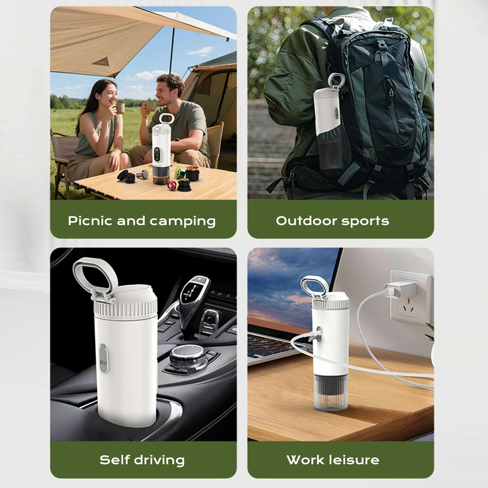 Cafetera portátil 100W 21Bar Máquina de café con cápsula calefactora inalámbrica Batería recargable de 7800mAh Capacidad de taza de 250ML para viajes en coche Camping al aire libre (Blanca)