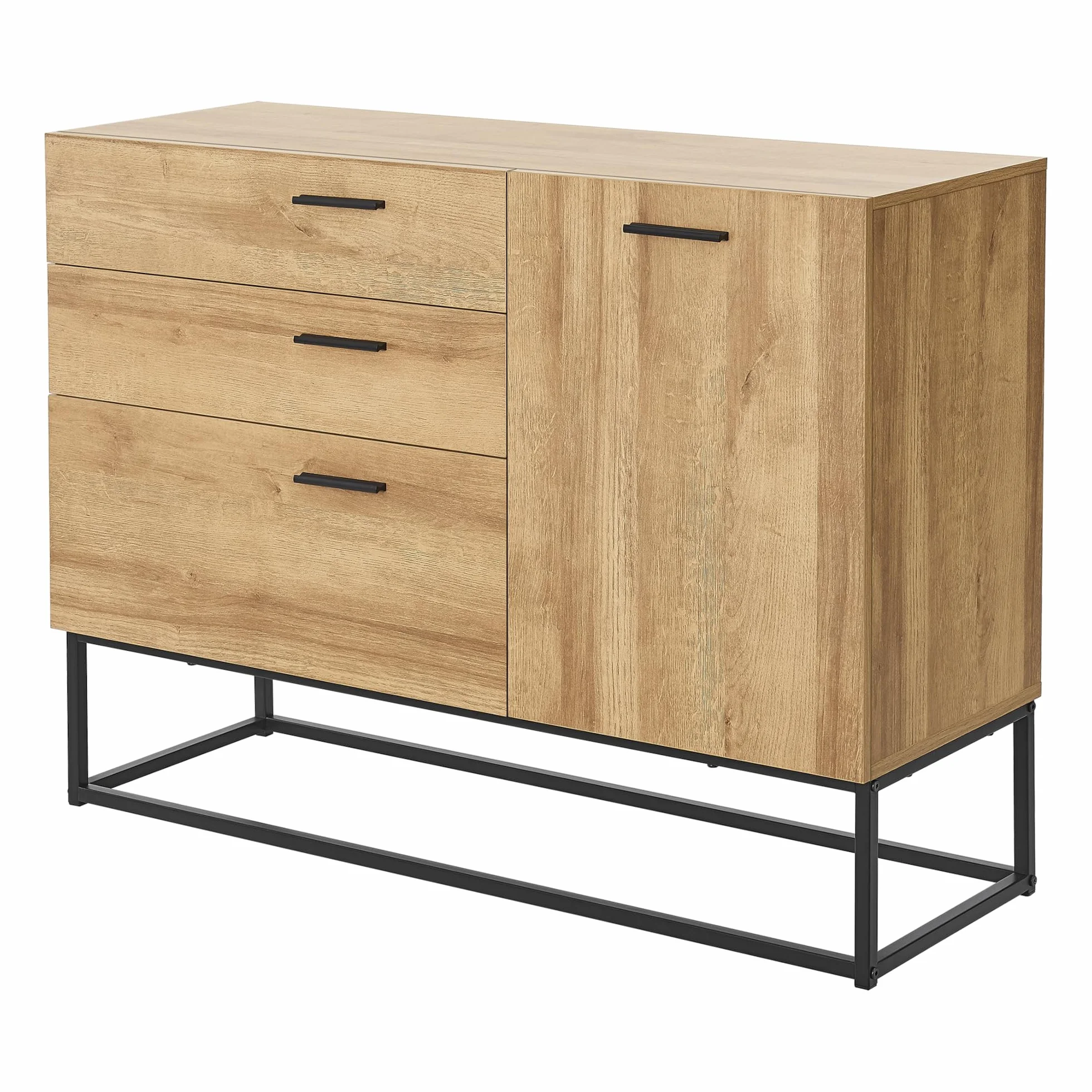 [en.casa] Aparador Lavangen Mueble de Salón con 3 Cajones y 1 Estante Regulable en Altura Estructura de Metal 75 x 100 x 35 cm - Efecto Roble y Negro