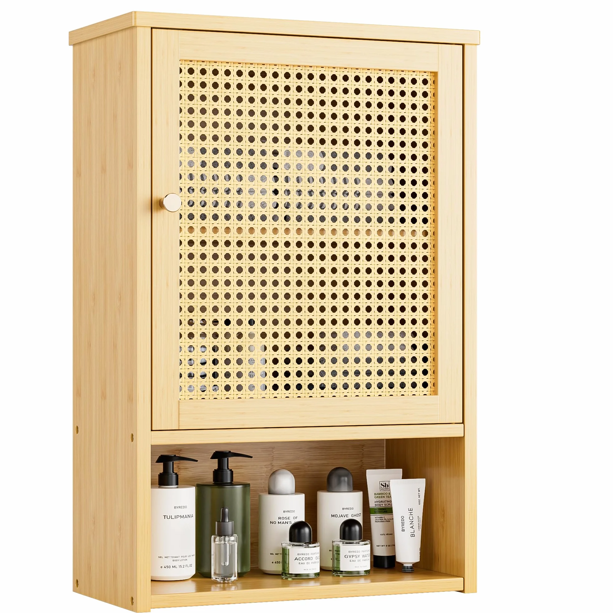 Armario de Pared para Baño, Organizador de Bambú para Almacenaje sobre el Inodoro con Puertas de Ratán y Estante Ajustable, Botiquín Ahorrador de Espacio para Lavandería, Cocina (Natural)