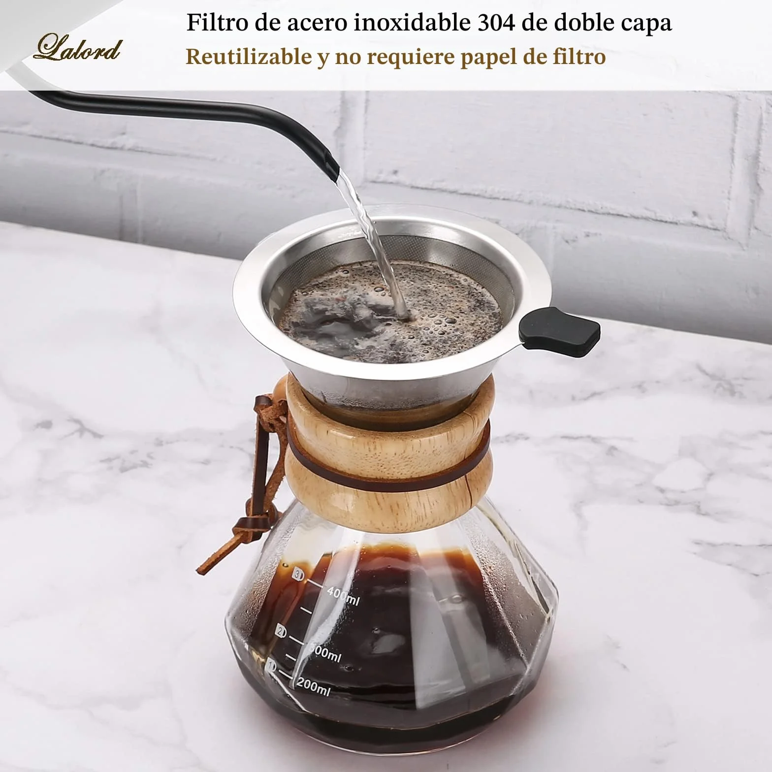 Cafetera de Goteo Lalord con Filtro de Acero Inoxidable Reutilizable, Jarra de Vidrio de Borosilicato, 400 ml