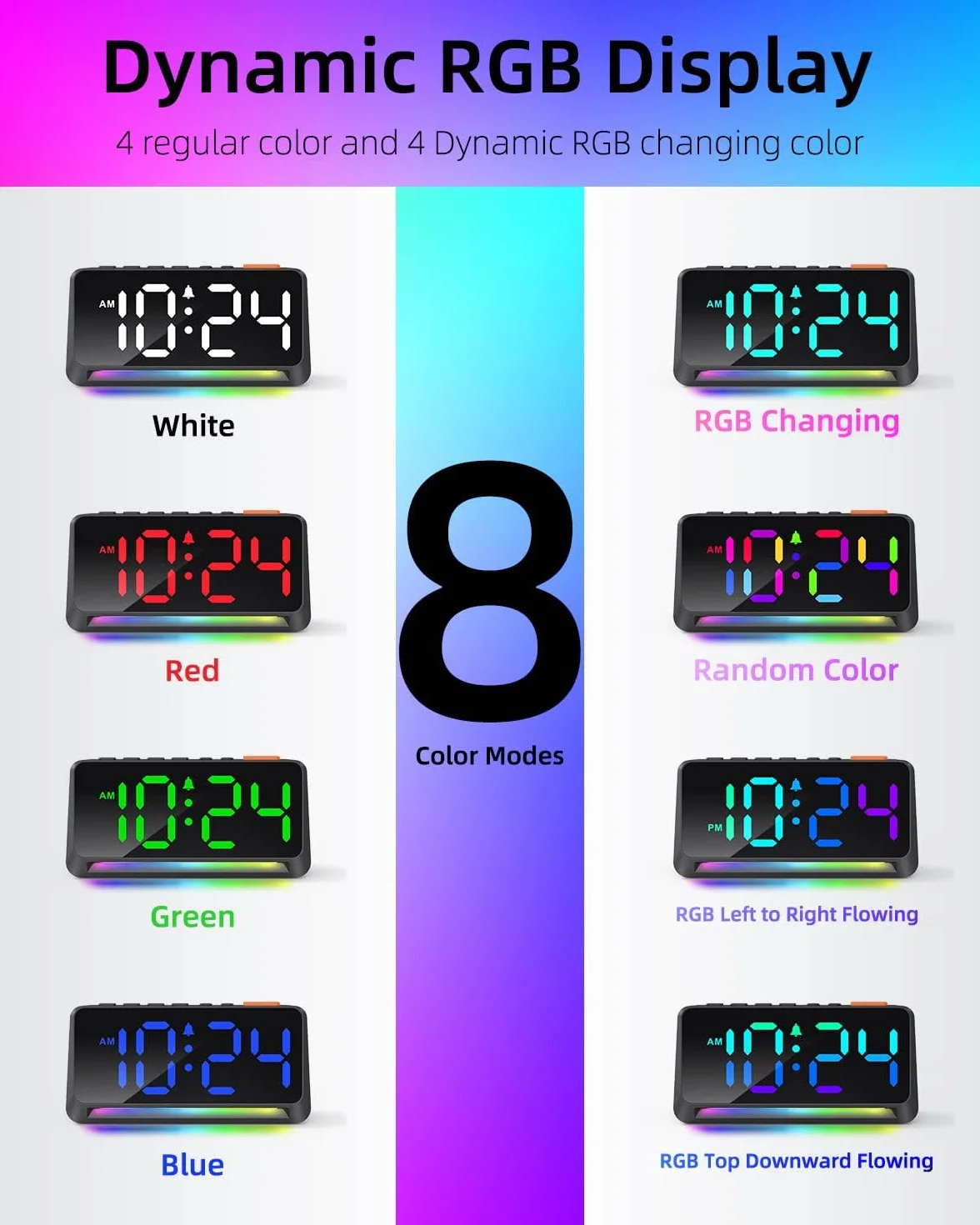 Despertador digital con números grandes, despertador digital con pantalla RGB, reloj digital extra con brillo ajustable, alarma fuerte, despertador enchufable con luz nocturna, puerto de carga