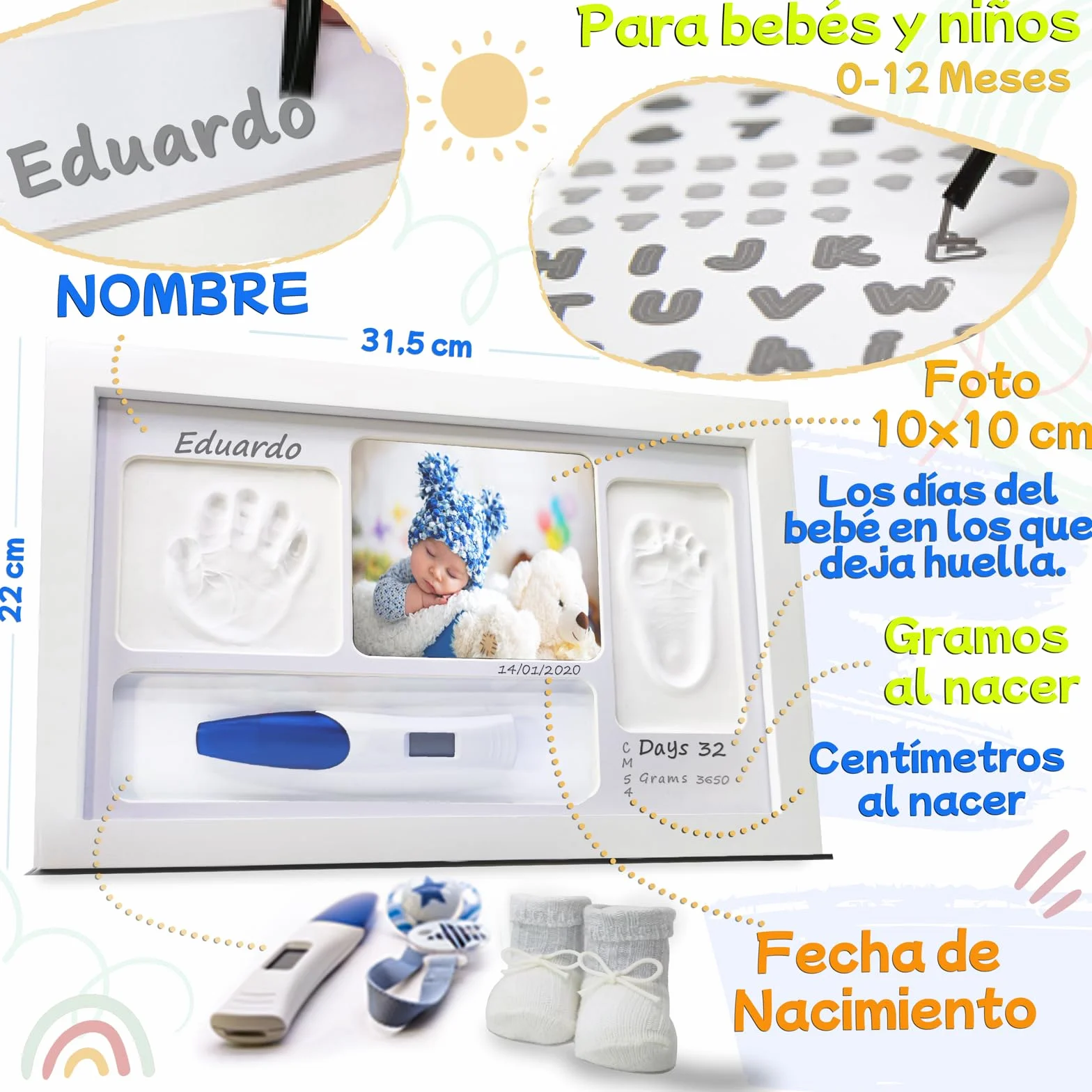 Marco Huellas Bebe Recien Nacido Nombre Personalizado Porta Objetos Regalo Bebe Niño Niña Huella Pie Manos Dermatológicamente Aprobada