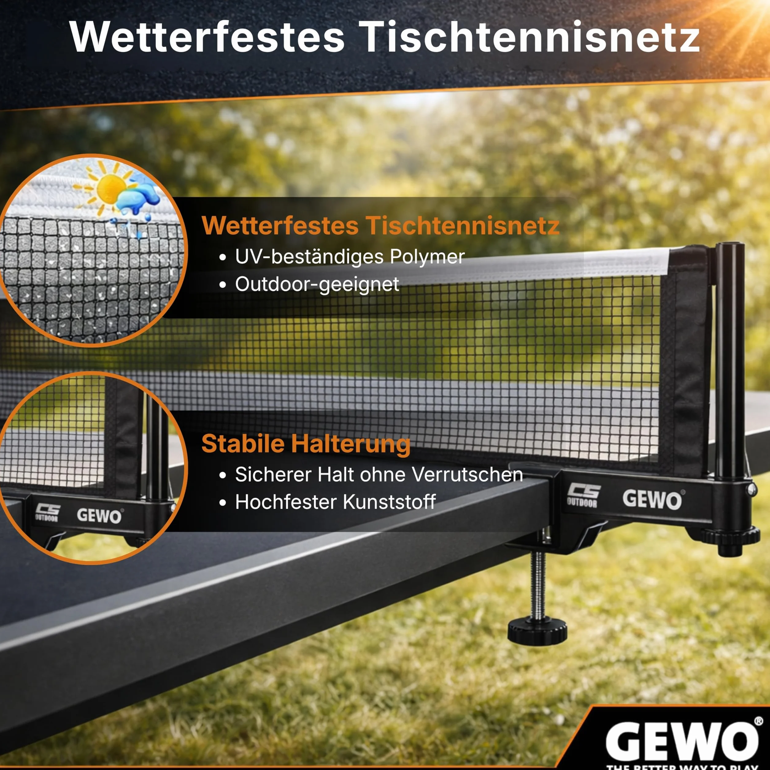 GEWO CS Outdoor Red de Ping Pong para Exteriores, Resistente a la Intemperie, Soportes de Red, Tornillo de Ajuste de Altura