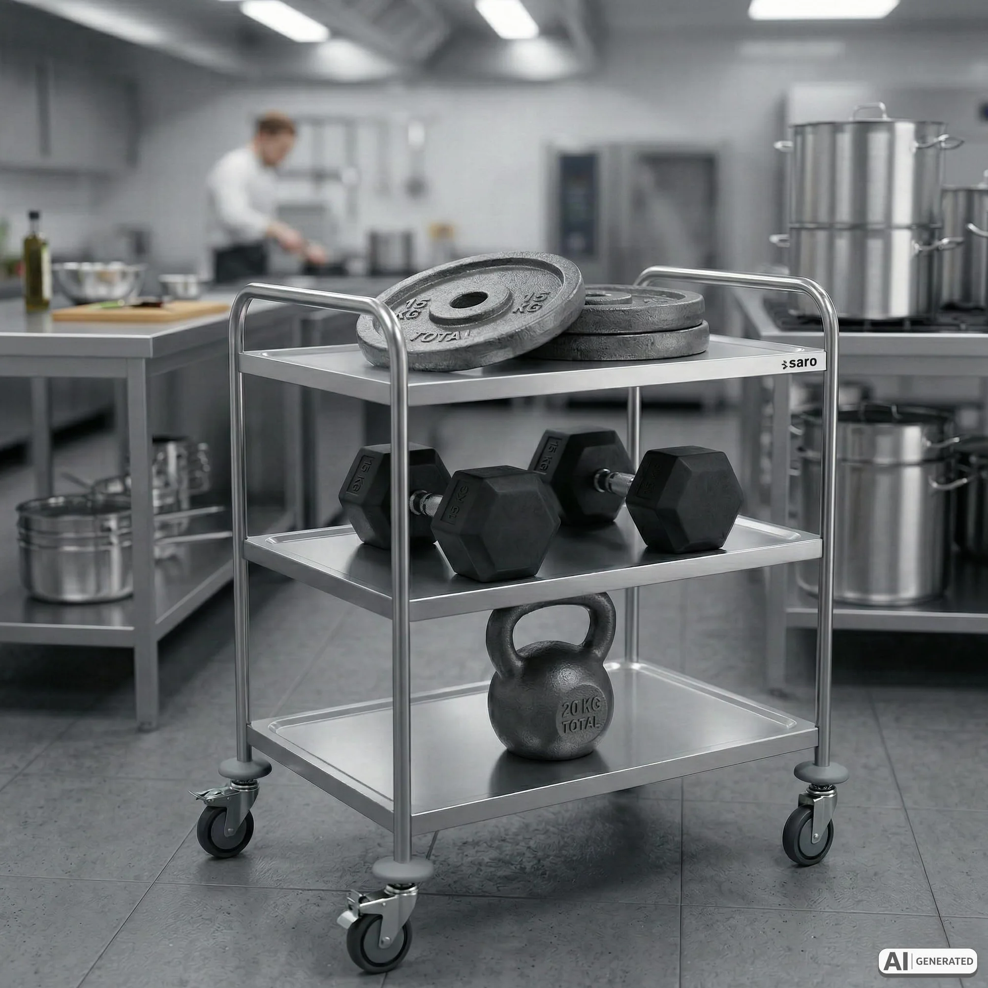 SARO BASTIAN Carro de transporte y servicio con 3 bandejas, acero inoxidable, 80 kg de carga, 4 ruedas (2 con freno), 86 x 54 x 94 cm, para gastronomía y servicio