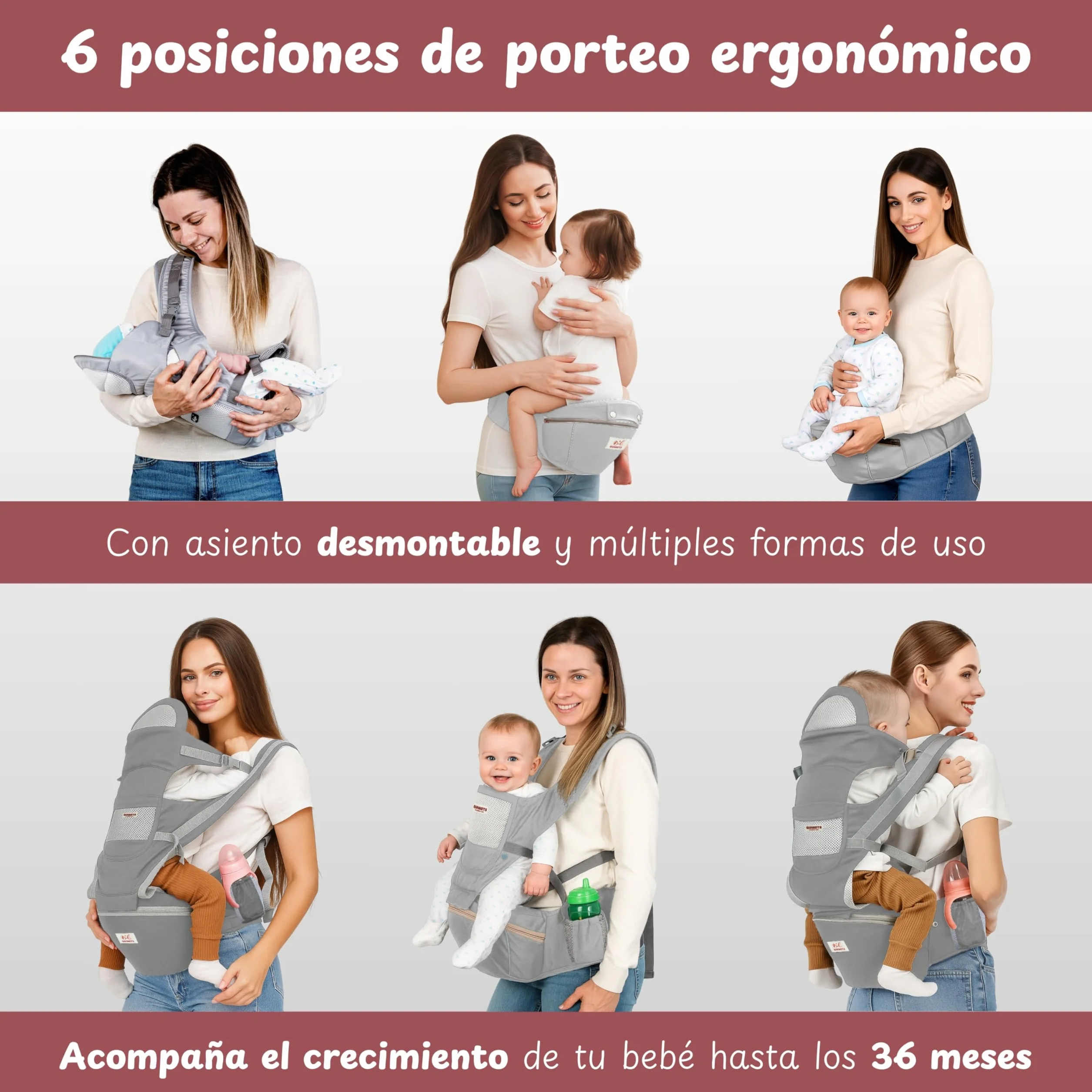 Mochila Portabebés 6 en 1 Recién Nacido Transpirable Ergonómica Suave Ligera