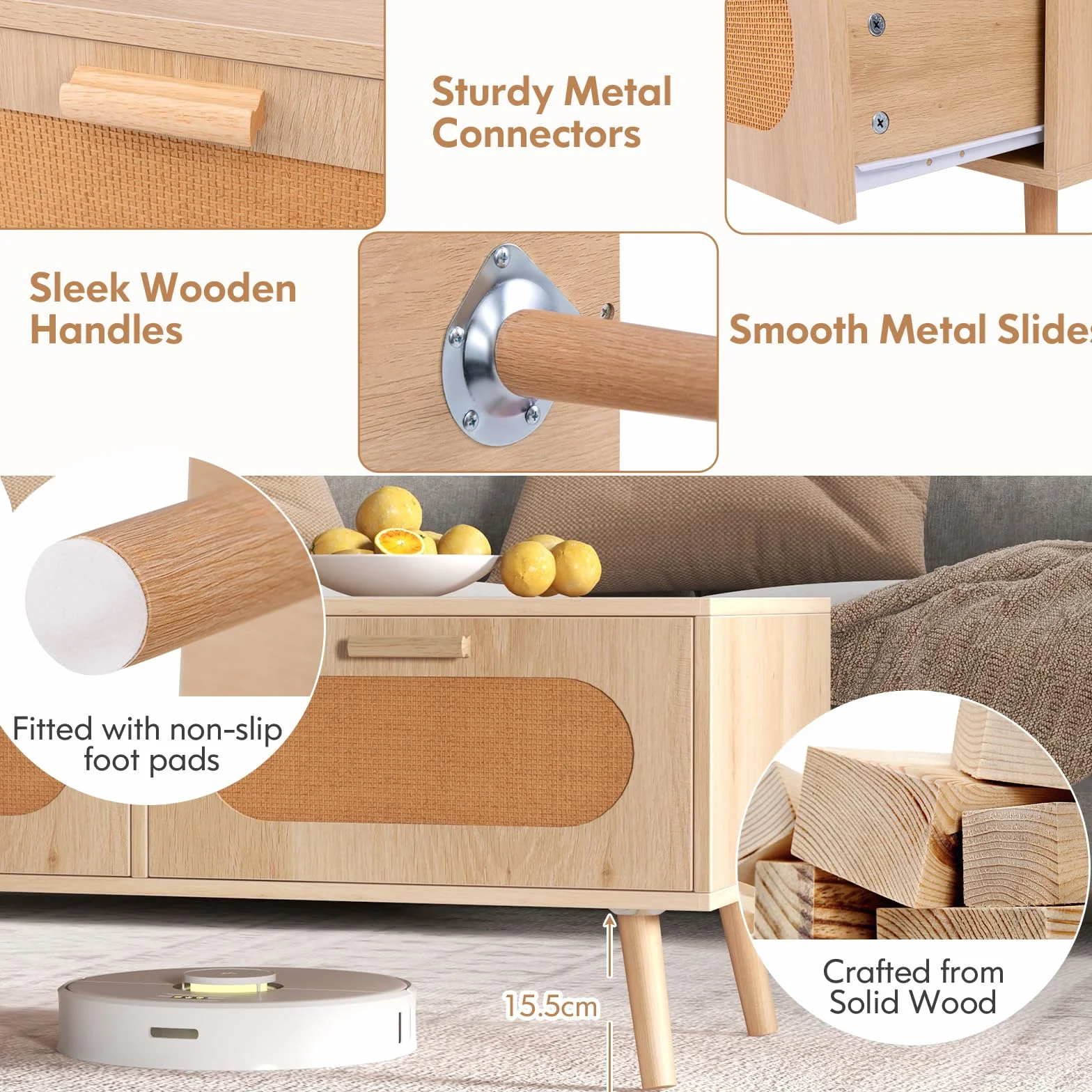 LIFEZEAL Mesa de Centro con 2 cajones y 1 Compartimento Grande, Mesa de salón con 4 Patas de Madera Maciza, Capacidad de Carga 60 KG, 100 x 50 x 41 CM, Natural, Estilo rústico