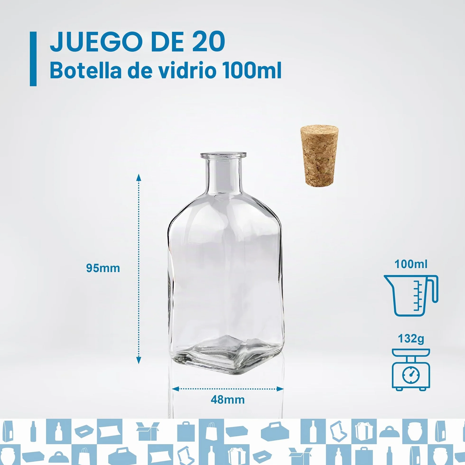 Espirito Rebelde 20 Botellas de Vidrio 100 ml con Tapón de Corcho – Botellas Cuadradas para Licor, Whisky, Ron y Vino