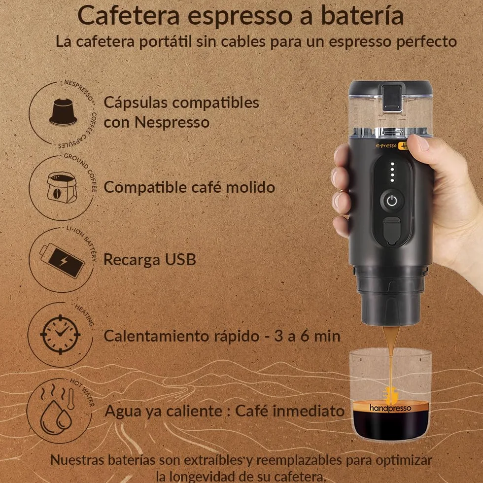 Handpresso Set E-Presso+ 21712 | Cafetera portátil alto rendimiento en su maleta con batería recargable por USB/tanche gran capacidad (80ml) | cafetera viaje para cápsulas de espresso o café molido