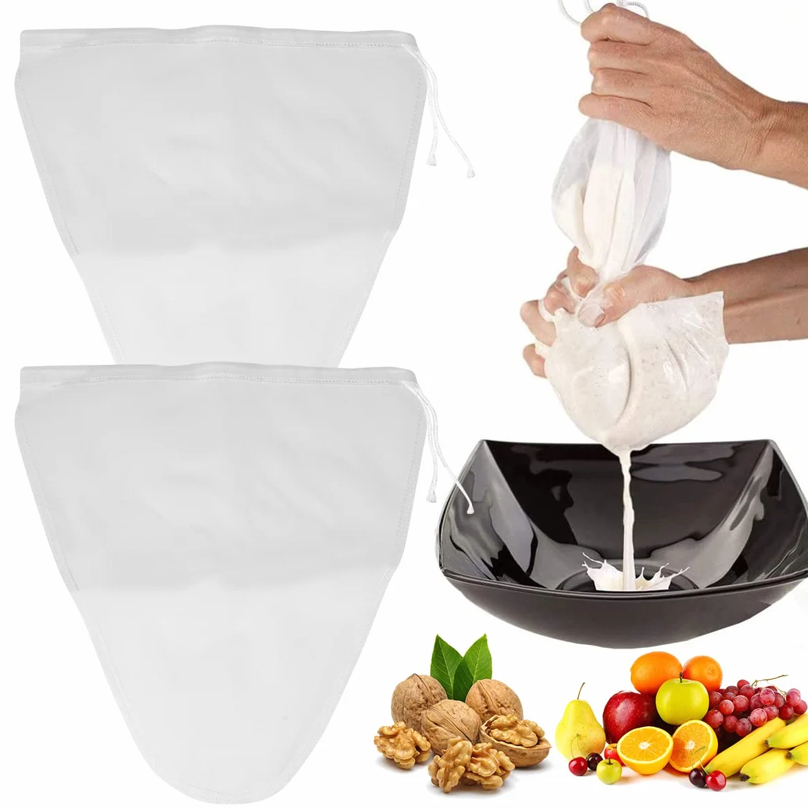 2 Piezas Tamiz Bolsas de Leche de Nuez, Colador de Yogur de Nailon, Filtro de Alimentos, Malla Fina para Queso, Jugo, Leche y Vegetales