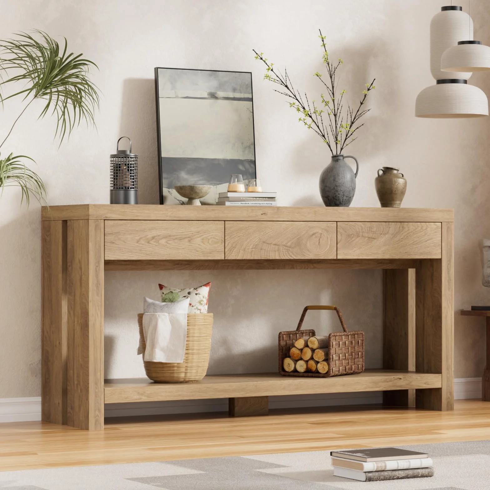 Mesa de Consola con 3 cajones Consola para Recibididor Mesa de Entrada de 2 Niveles Estrecha Mesa Auxiliar Detrás del Sofá Mesa de Pasillo de Madera para entrada, recibidor y salón 140 x 29.5 x 82.5CM