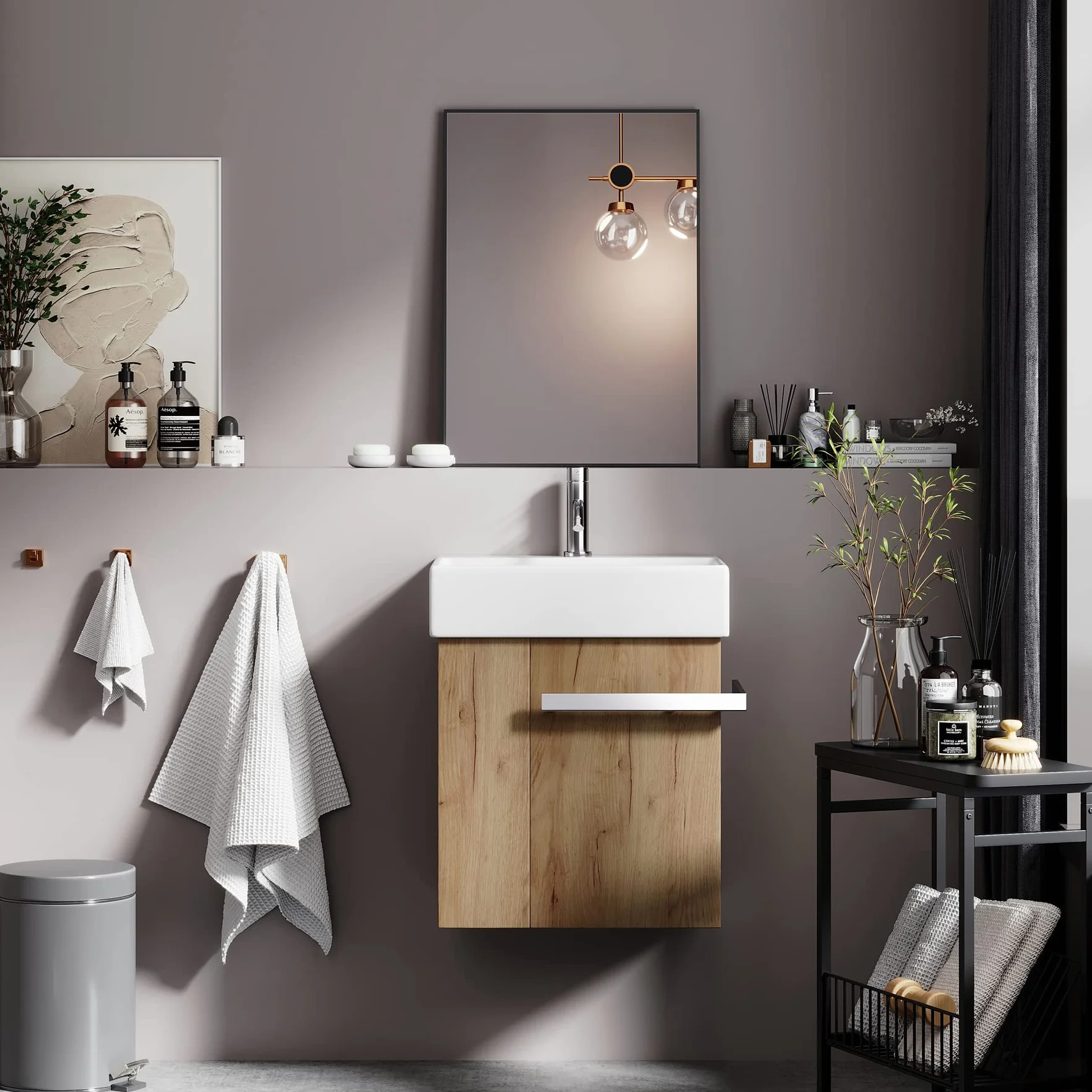Mueble de Baño 50 cm con Lavabo de Cerámica – Cajón con Cierre Suave, Tirador para Toallas, Instalación Izquierda/Derecha Opcional, European Oak