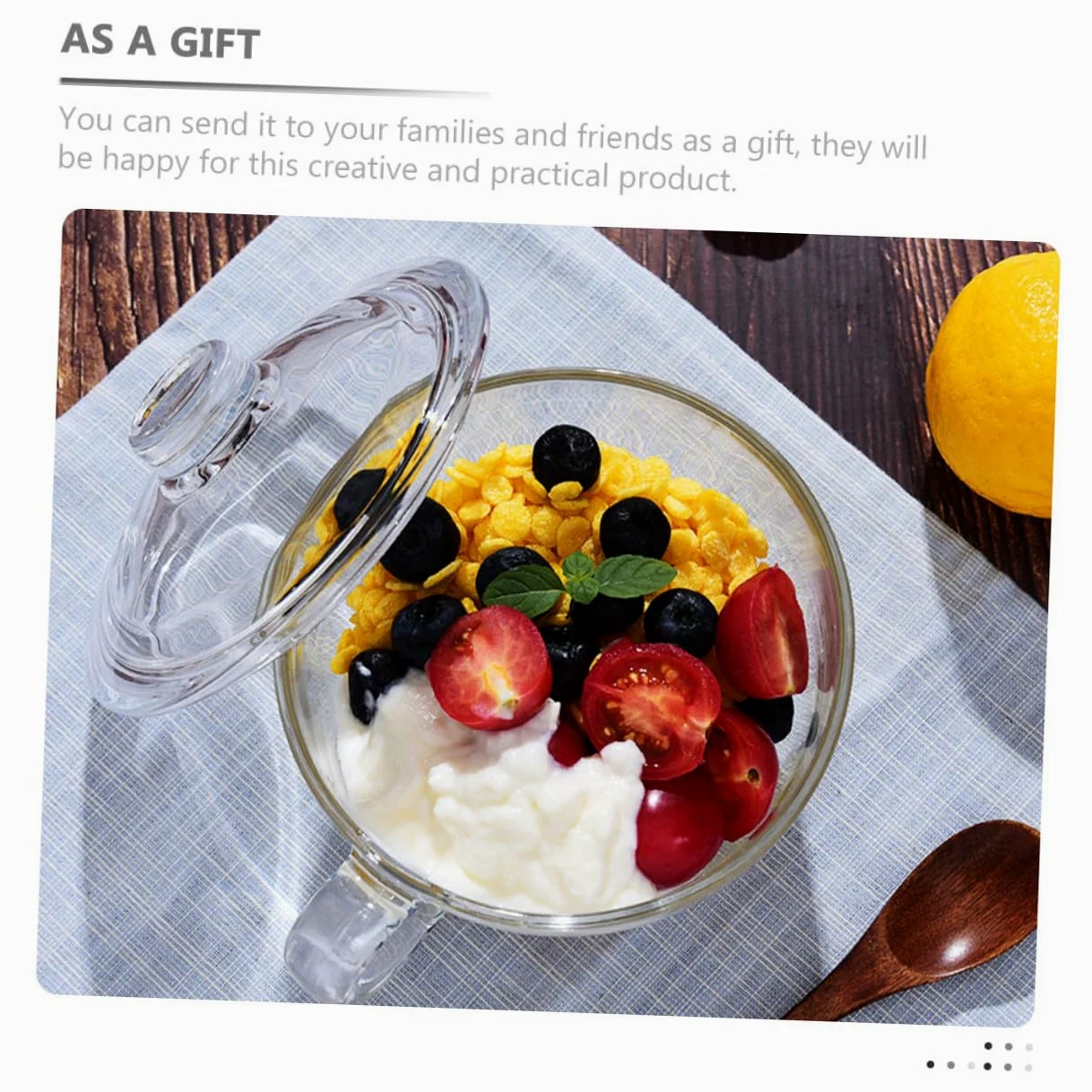 SHOWERORO Tazón de Vidrio Transparente con Tapa y Asa Cuenco para Ensalada Postre y Desayuno Resistente y Elegante para Uso Diario y Reuniones Familiares