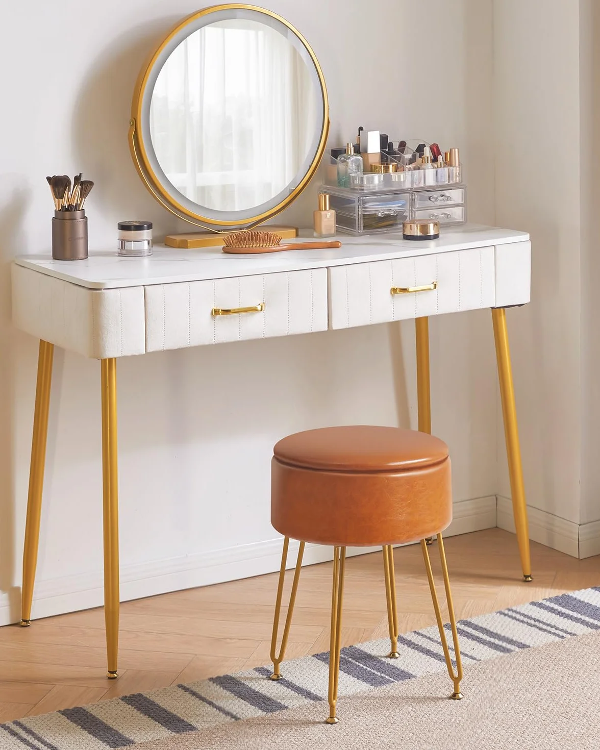 Taberno Redondo de Reposapiés Cuero Falso Almacenamiento Otomano Mesa Lateral Silla Vanidad Maquillaje Asiento Mesa Vestir PU Marrón Claro