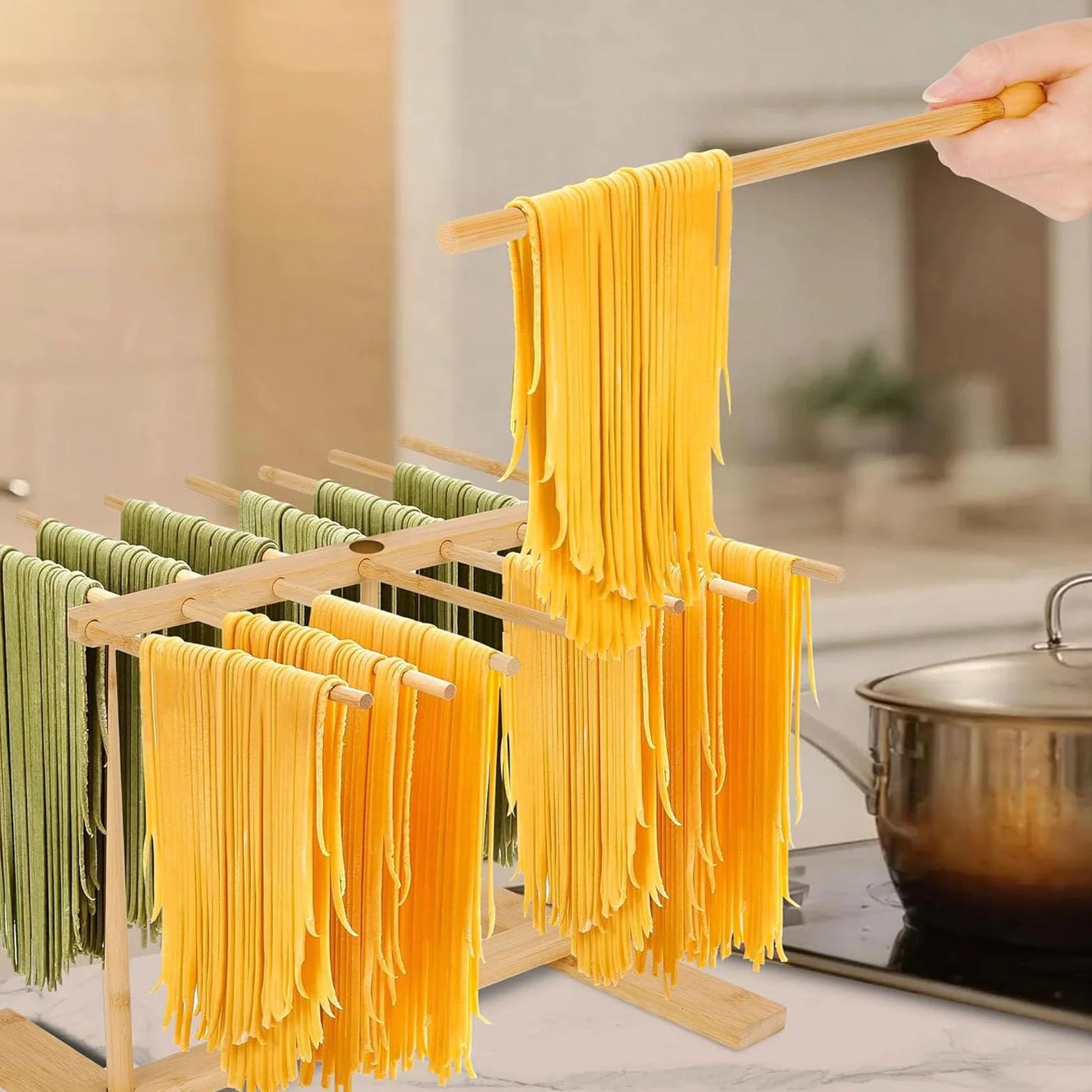 Secador de fideos, 12 barras, soporte para pasta de madera, estante para pasta, soporte para pasta para secar, secadora de espaguetis, ahorra espacio, reutilizable