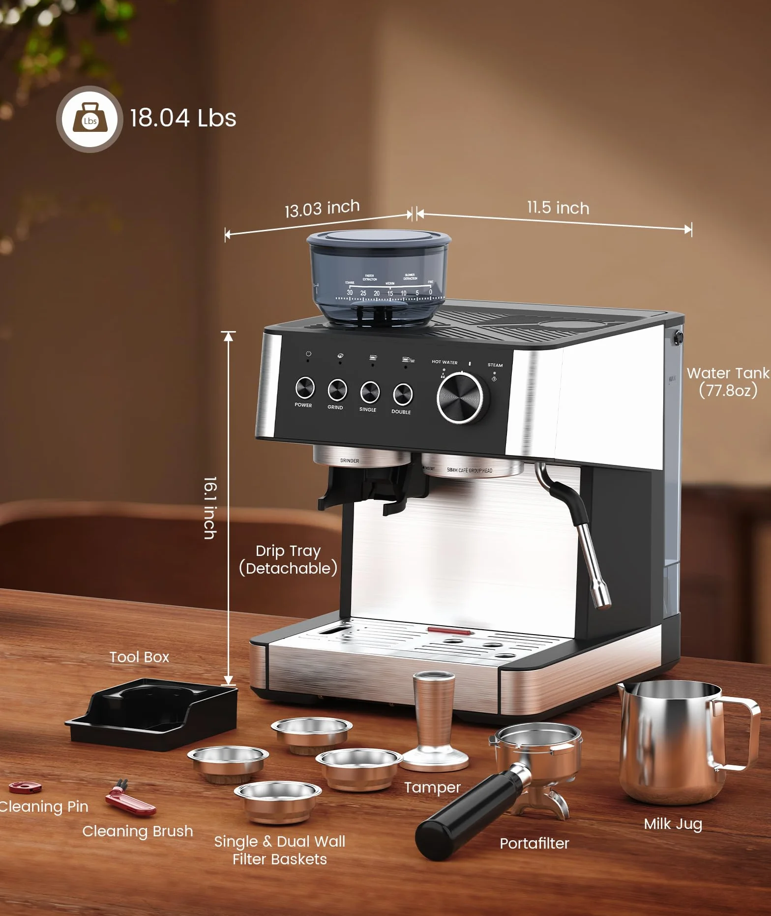 Electactic (Máquina de café espresso mejorada 2025 con amoladora, cafetera espresso profesional de 20 bar con diseño antiobstrucción, barra de vapor integrada para espumador de leche