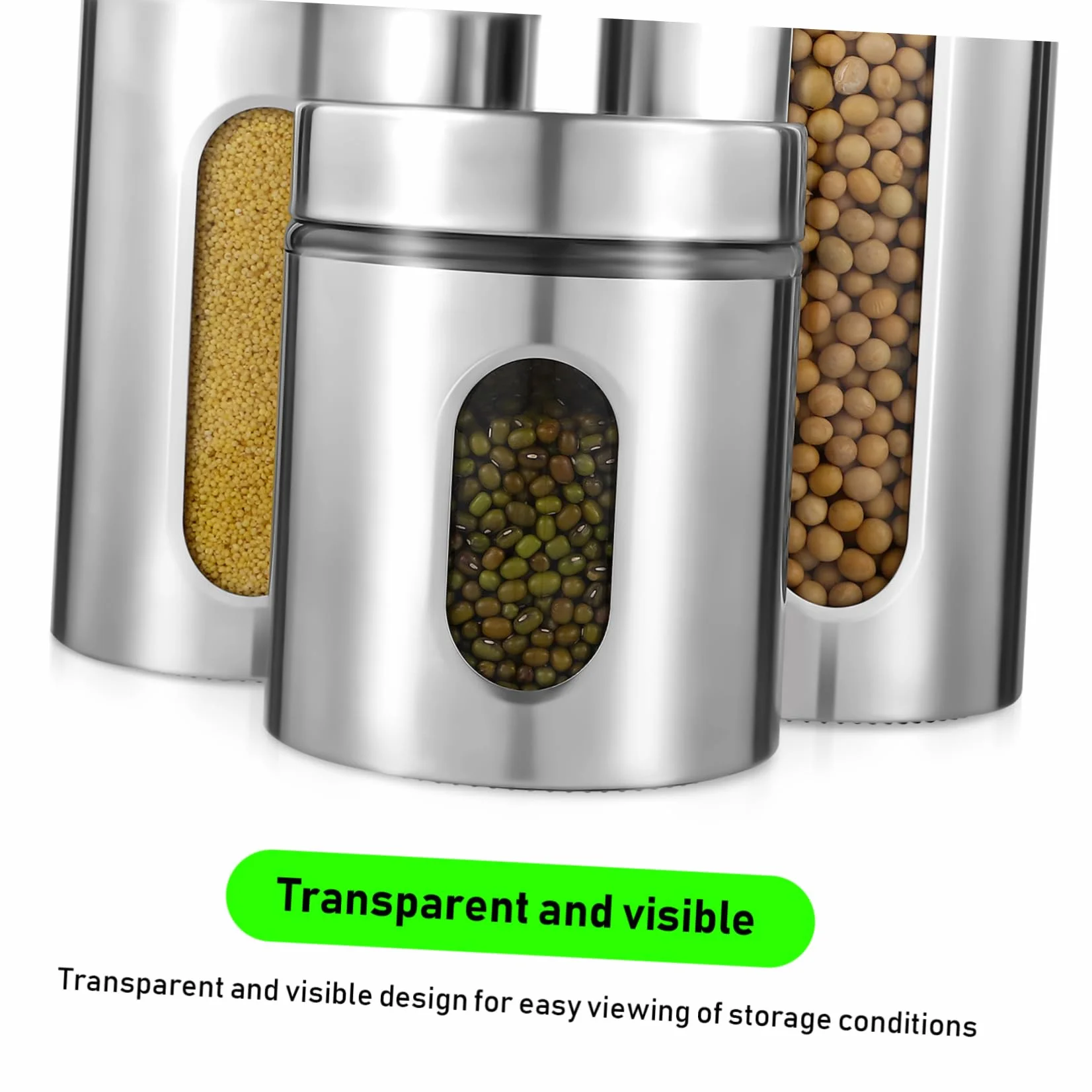 Zerodeko Almacenaje Cocina Tarro De Acero Inoxidable 3 Unidades Transparente Para Granos Especias