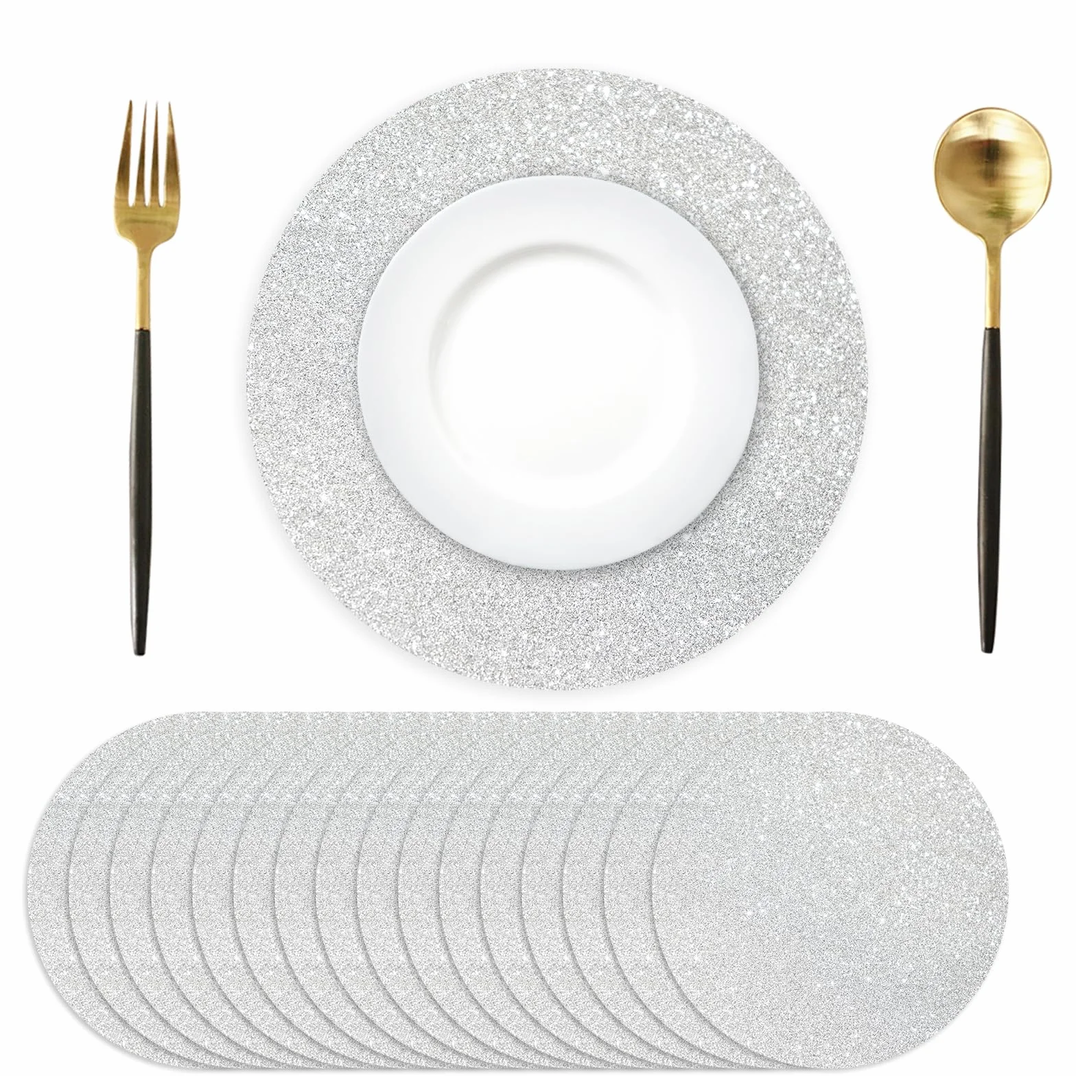 100 manteles individuales de papel con purpurina plateada desechables de 13.4 pulgadas, redondos, decorativos, para banquetes de cumpleaños, bodas, suministros de fiesta de Navidad, vajilla de comedor