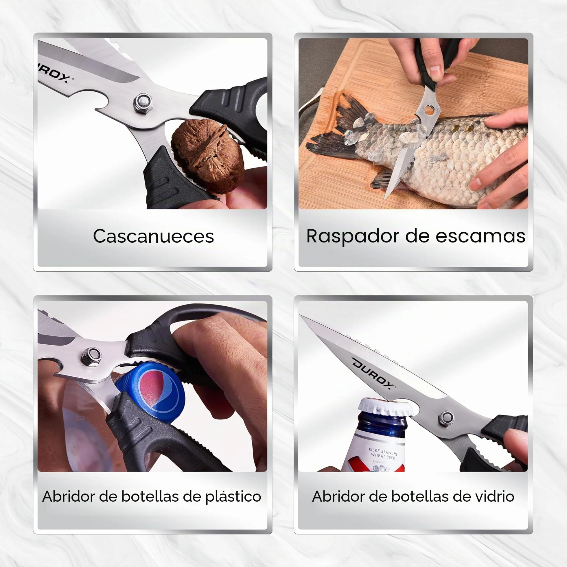 DUROX Tijeras de Cocina Profesionales - Acero INOX con Funciones Multipropósito y Afilador Incorporado. Tijera para Cortar Pizza, Carne y Marisco. Diseño Desmontable para una Limpieza Sencilla.
