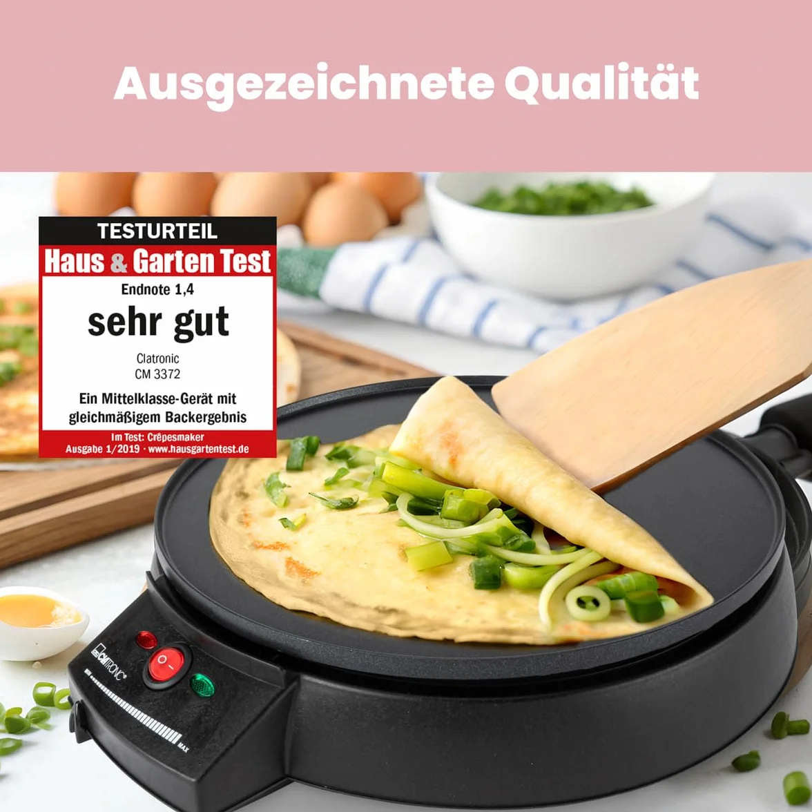 Clatronic Crepes/Wraps/Panqueque Maker con Ø 29cm, incl. Dispensador de masa y revestimiento antiadherente superficie, termostato ajustable continuo y backampel - Panqueque Maker con 900W - CM 3372