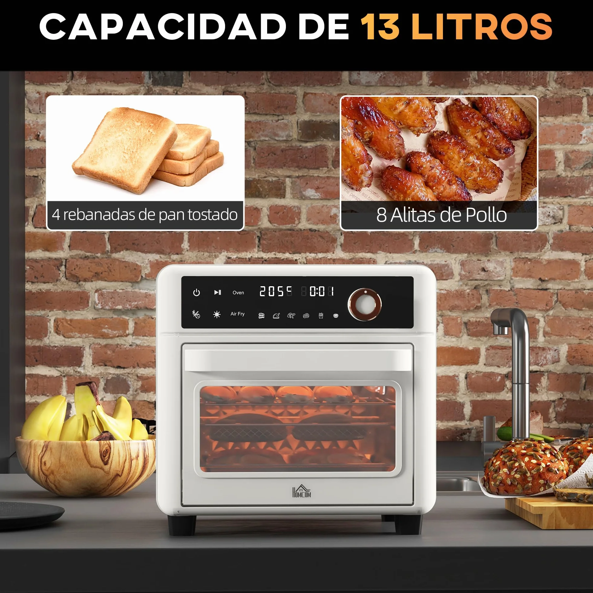 HOMCOM Horno Eléctrico de Sobremesa Horno Sobremesa de 13L 1200W Freidora de Aire con 12 Modos de Calor Temporizador 12 H y Temperatura Regulable hasta 220℃ Blanco