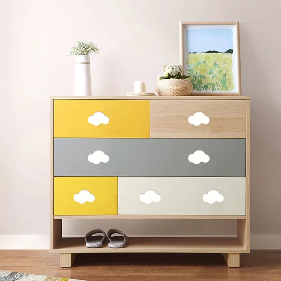 Juego de 6 pomos de armario para habitación infantil, diseño de nubes, color blanco