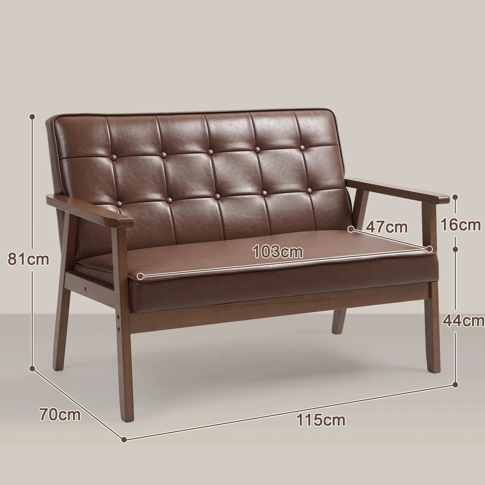HOMCOM Sillón de 2 Plazas Sofá de 2 Plazas Tapizado en PU con Reposabrazos de Madera Respaldo Acolchado Carga 250 kg Sillón para Salón Dormitorio Marrón
