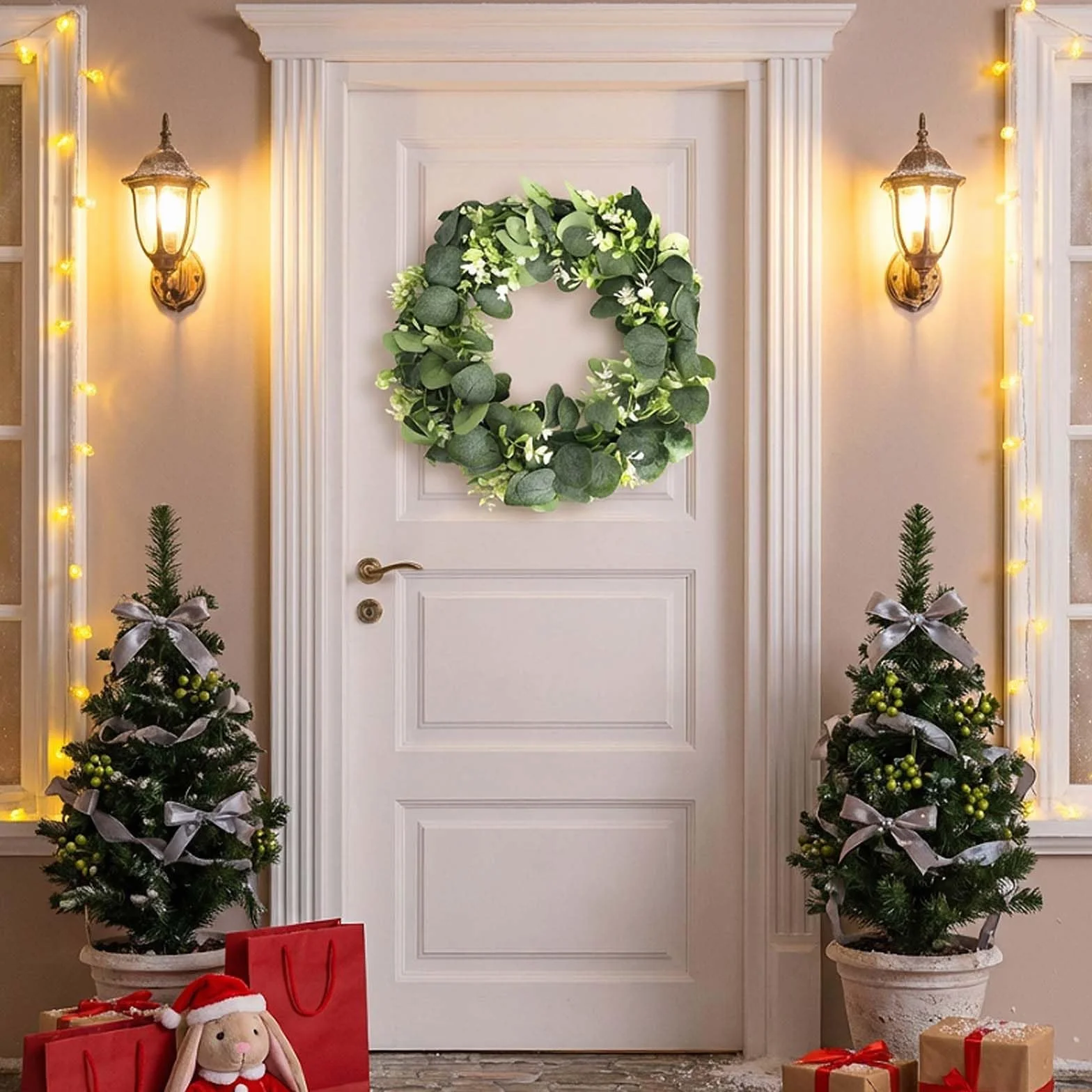 Corona de Eucalipto y Bayas de 30 cm en PE Premium Corona de Puerta Resistente a la Intemperie para Todo el Año, Decoración para Exteriores de Entrada, Jardín y Exteriores