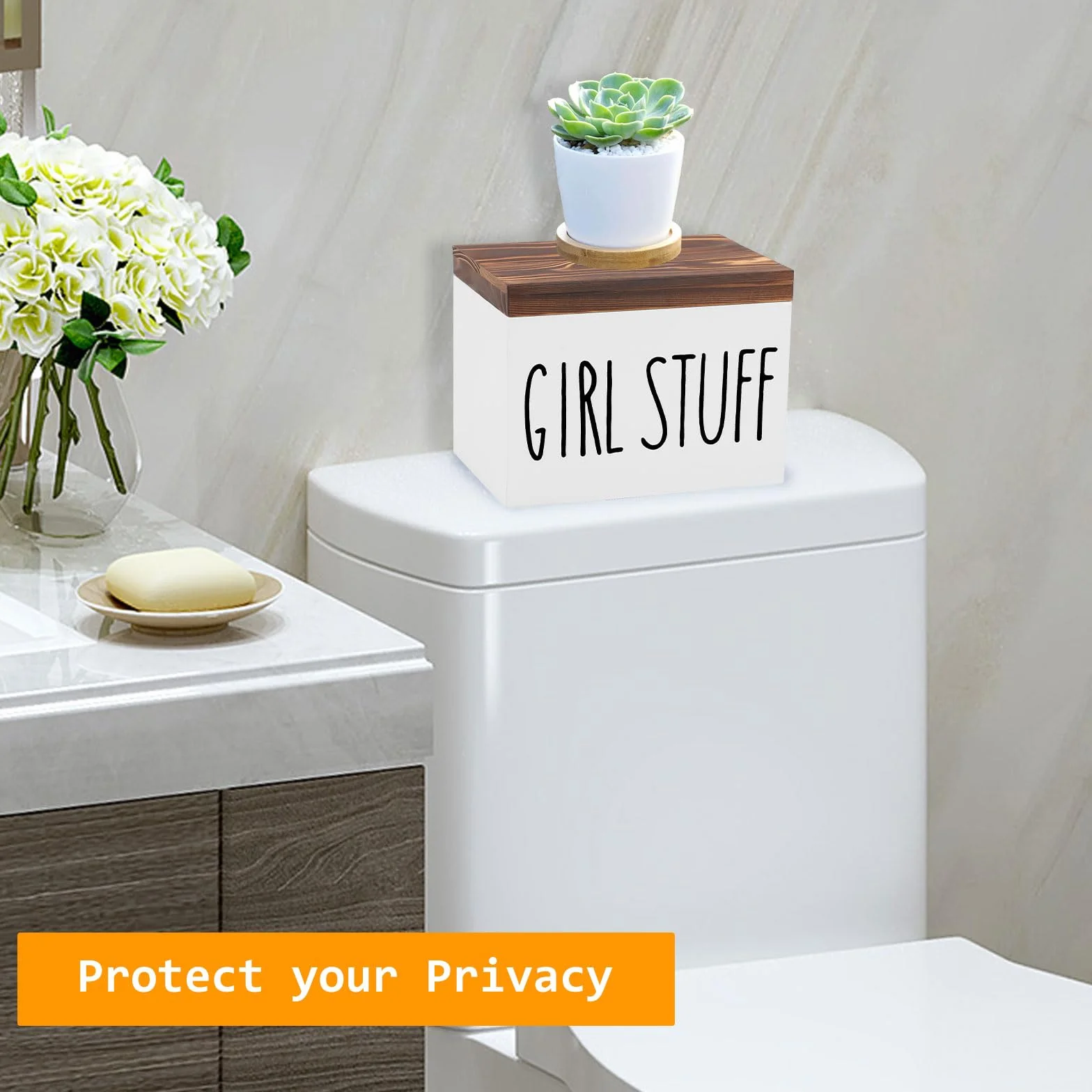 Tefola Caja de almacenamiento para baño de madera, 2 compartimentos con tapa para tampones, compresas femeninas y toallas higiénicas, organizador de artículos de higiene