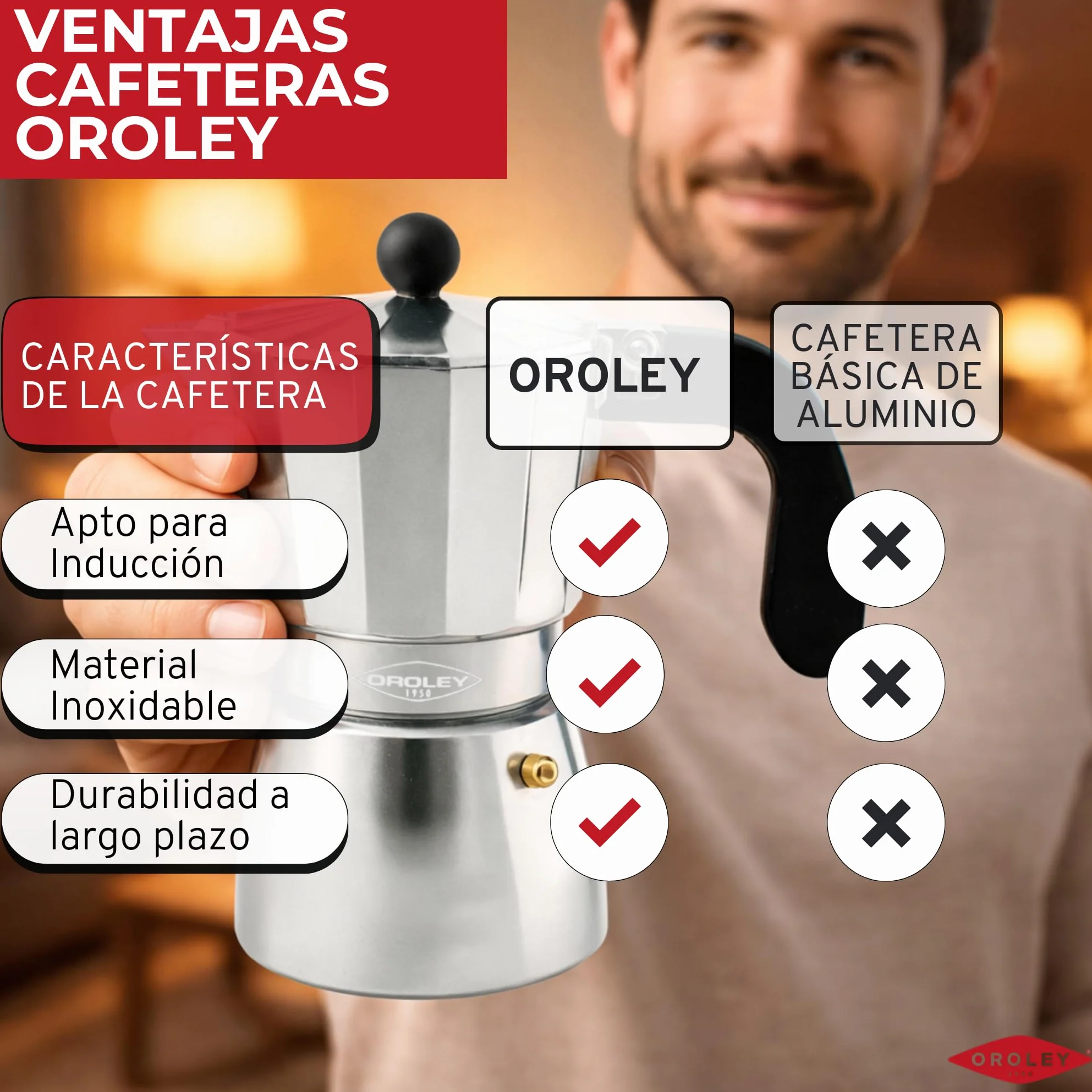 Oroley - Cafetera Italiana Petra | Base de Acero Inoxidable | Cafetera Inducción, Vitrocerámica, Fuego y Gas | Estilo Tradicional (Mostaza, 6 Tazas)