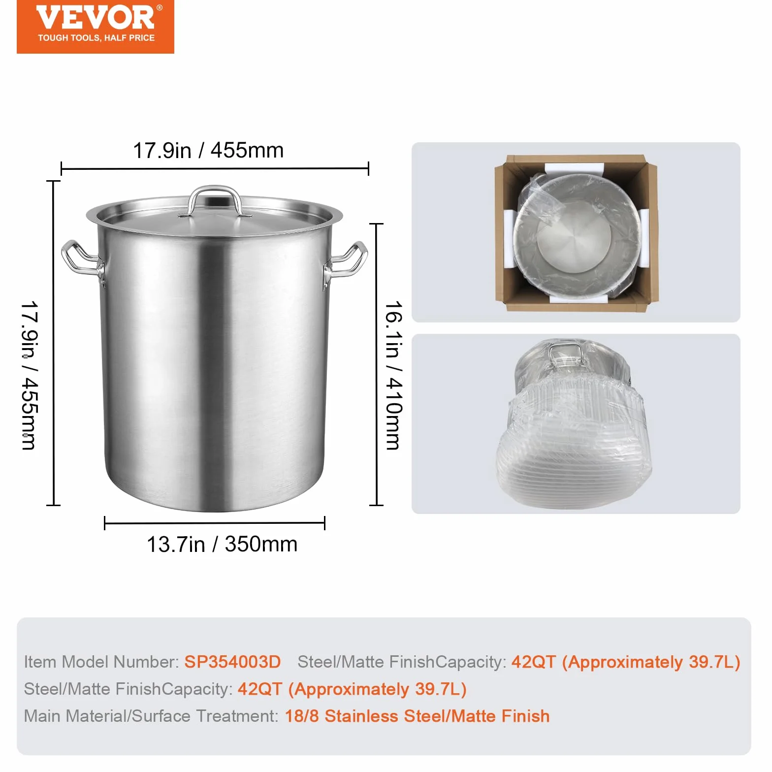VEVOR Olla para Sopa 39,7 L Olla con Tapa y Asa Diámetro de 35 cm Alto de 41 cm Grande de Acero Inoxidable, Llama Abierta e Inducción para Eventos Comerciales, Restaurantes