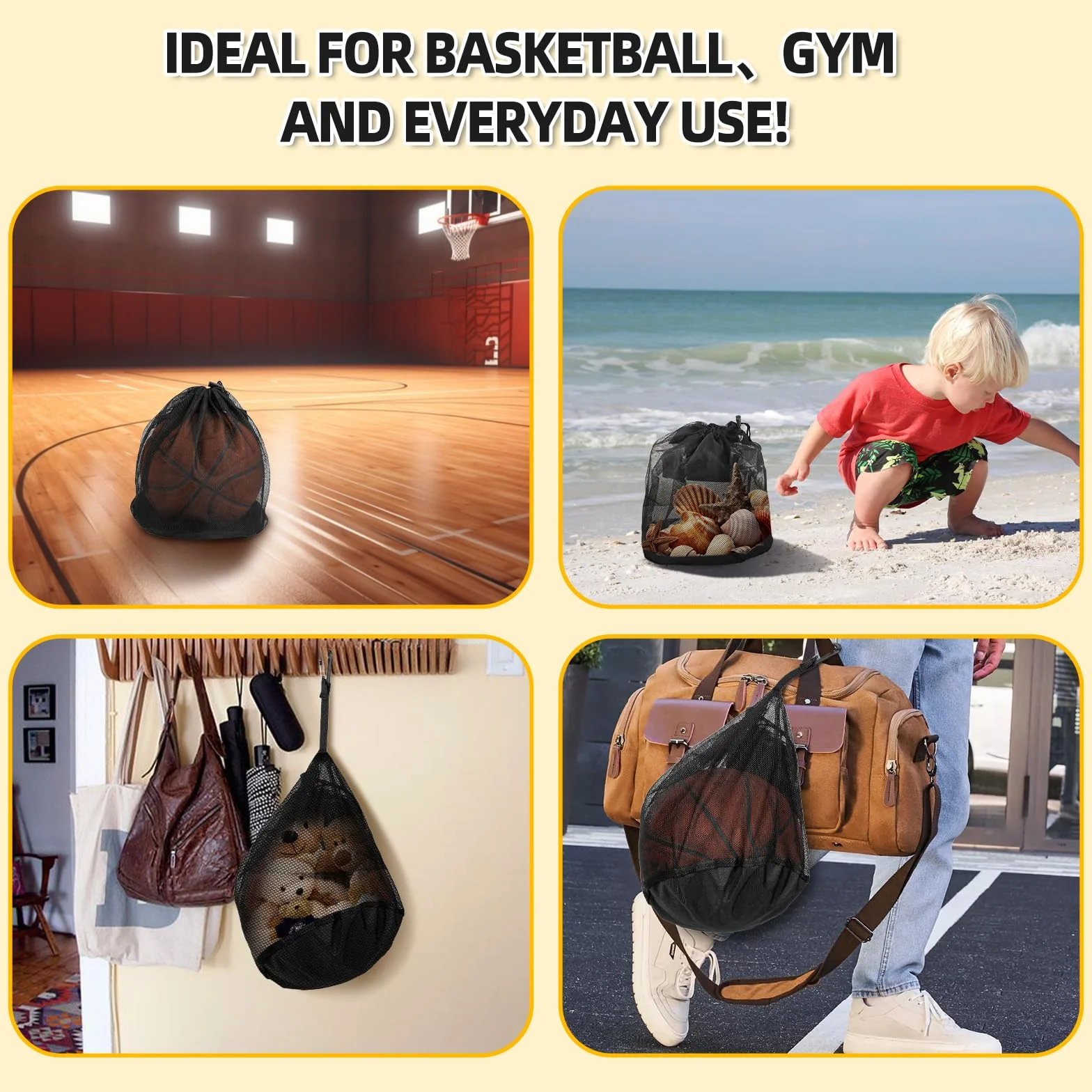 Bolsa Baloncesto 16L con Red Plegable - Bolsa Cremallera Mosquetón para Baloncesto Fútbol
