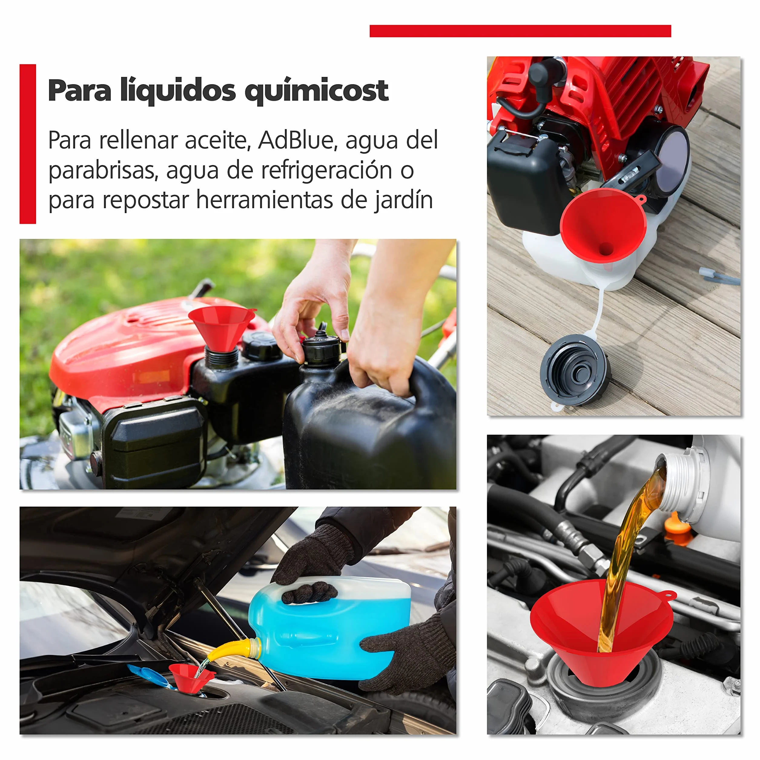 Nirox Juego de 4 embudos universales - Apto para alimentos BPA-FREE - Ayuda de llenado para la cocina - Mini embudo de llenado para líquidos e ingredientes secos - Embudo de aceite para coche