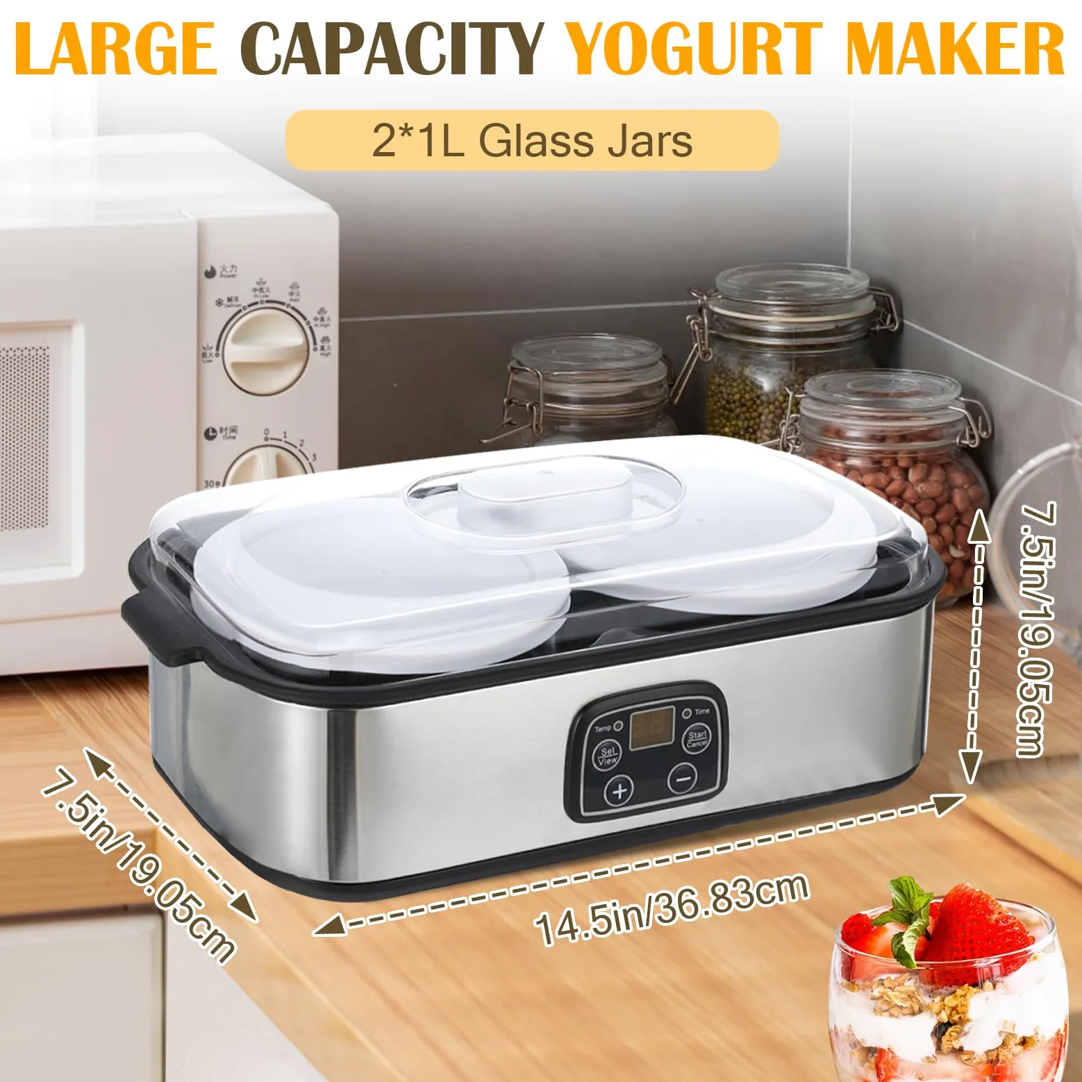Máquina de yogur probiótico de 2 litros, máquina de yogur con 2 tarros de vidrio, control de tiempo y temperatura ajustable, fabricante de yo-gurt para yogur probiótico casero para postre casero